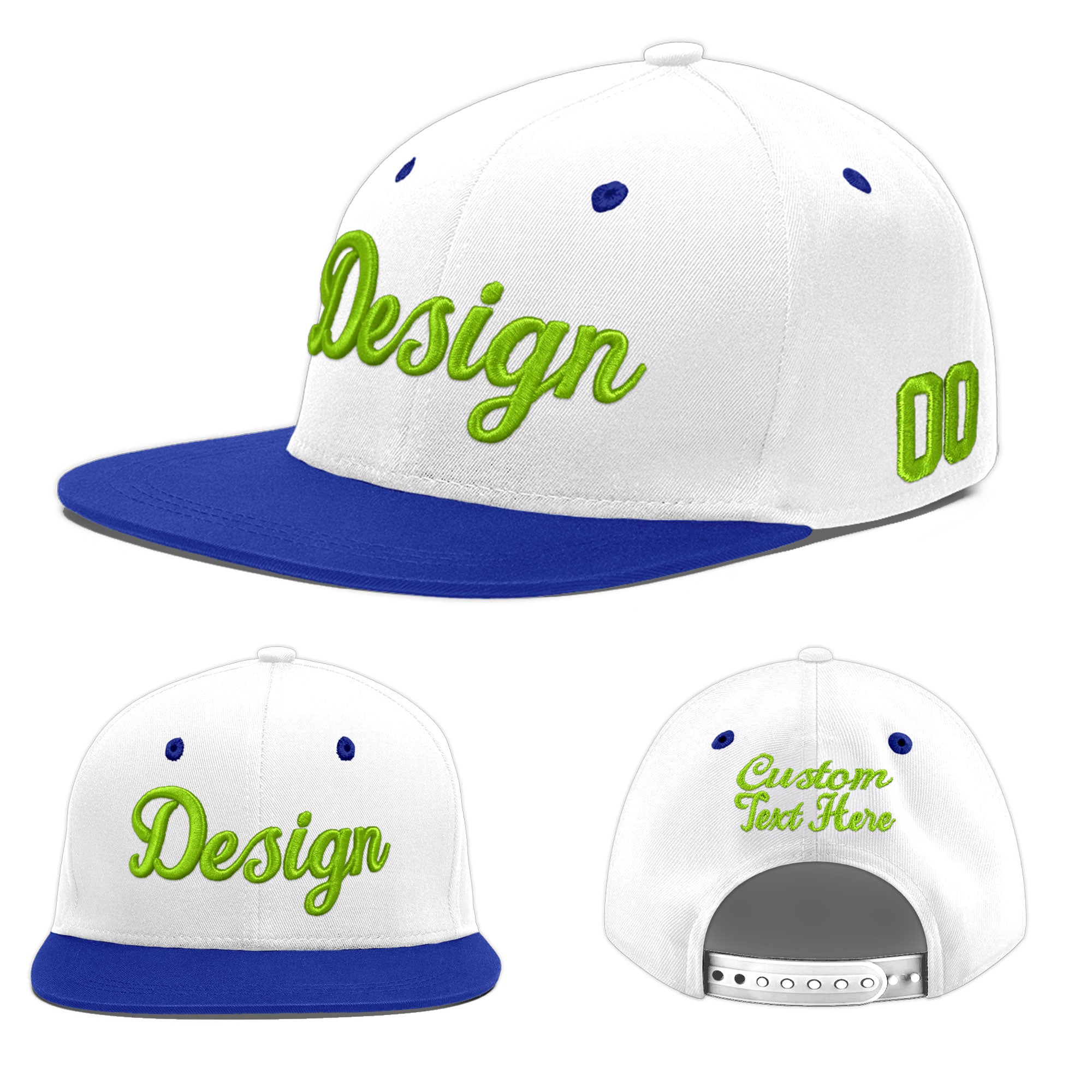 Custom White Royal Blue 3D Puff Embroidery Flat Embroidery Casual Sport Baseball Cap