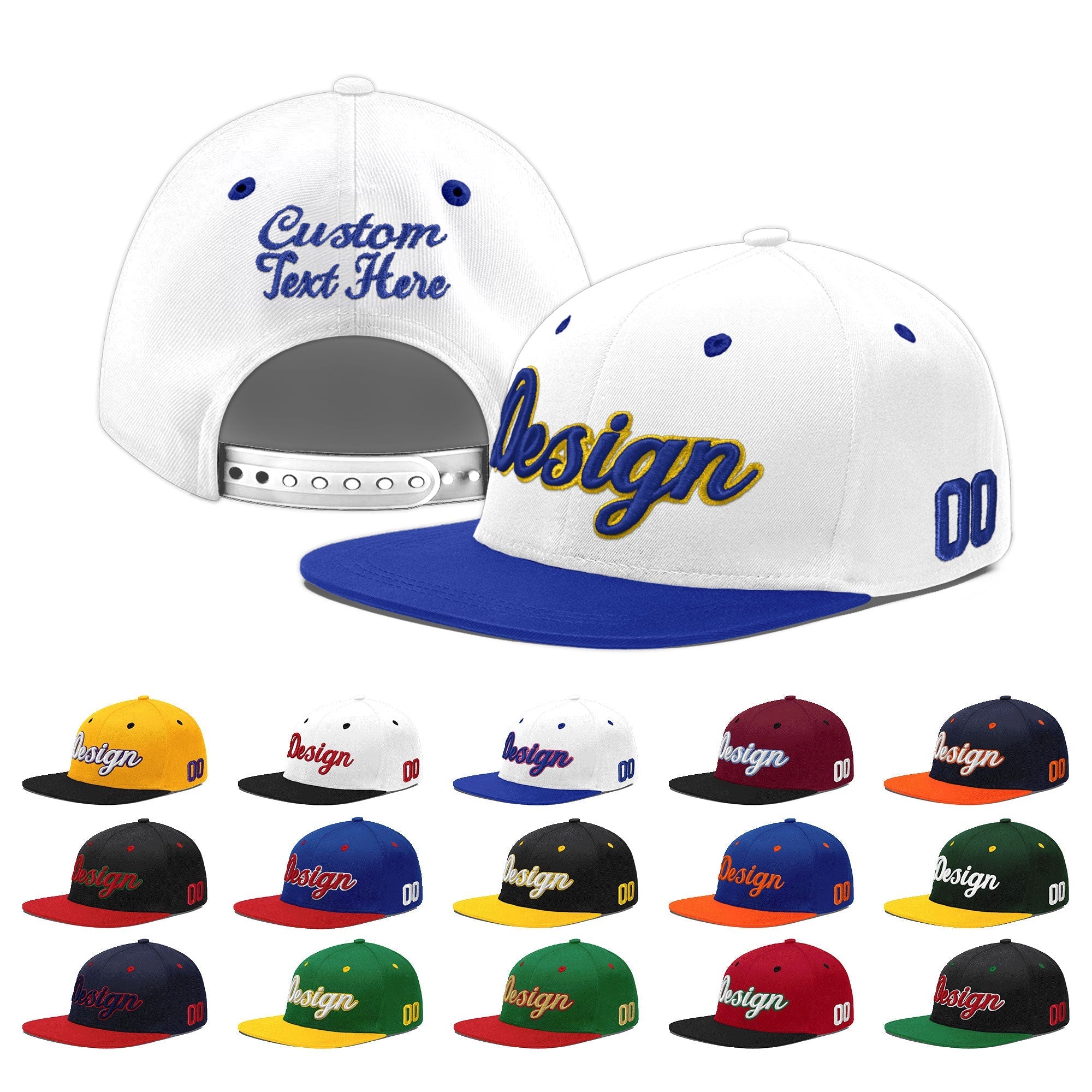 Custom White Royal Blue 3D Puff Embroidery Flat Embroidery Casual Sport Baseball Cap