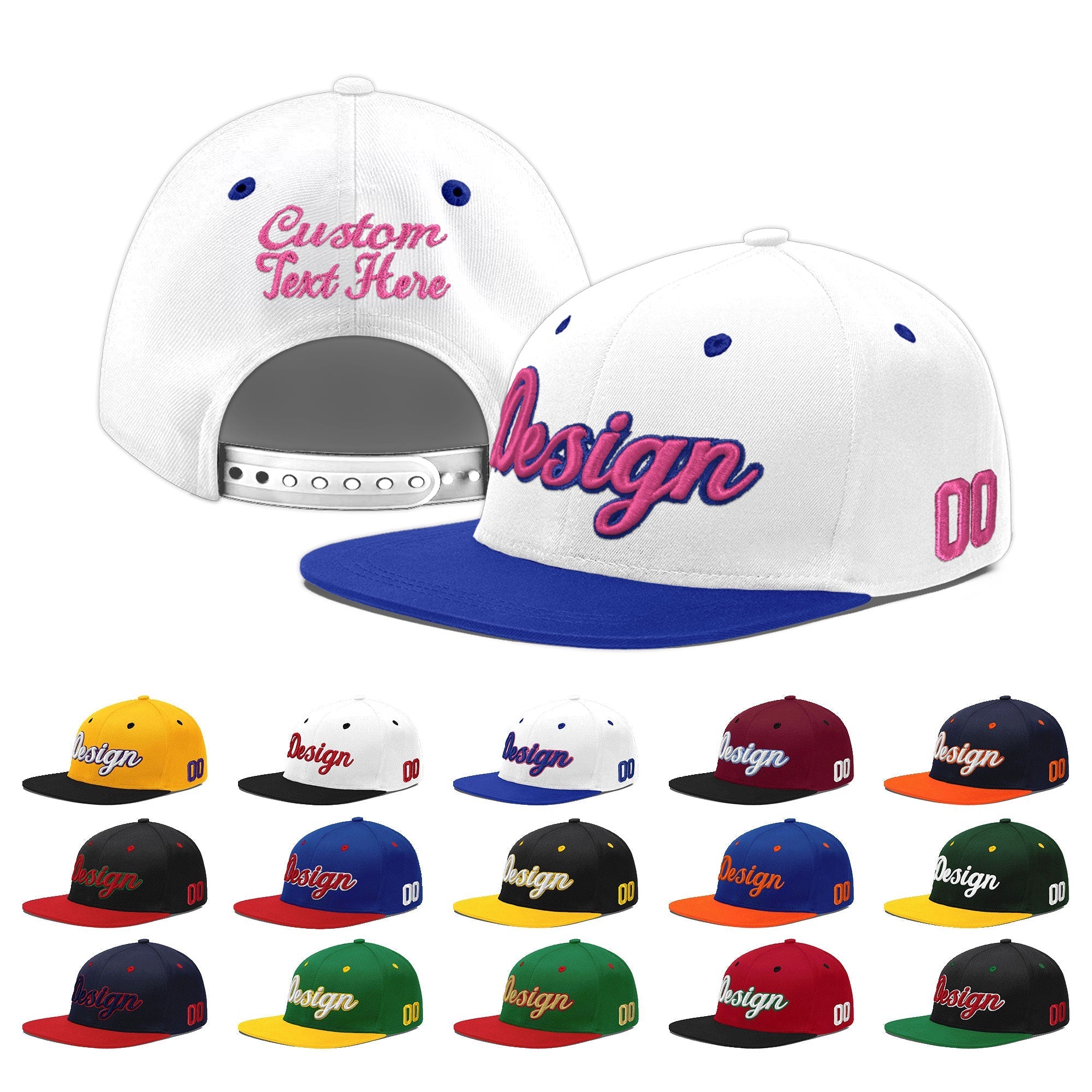 Custom White Royal Blue 3D Puff Embroidery Flat Embroidery Casual Sport Baseball Cap