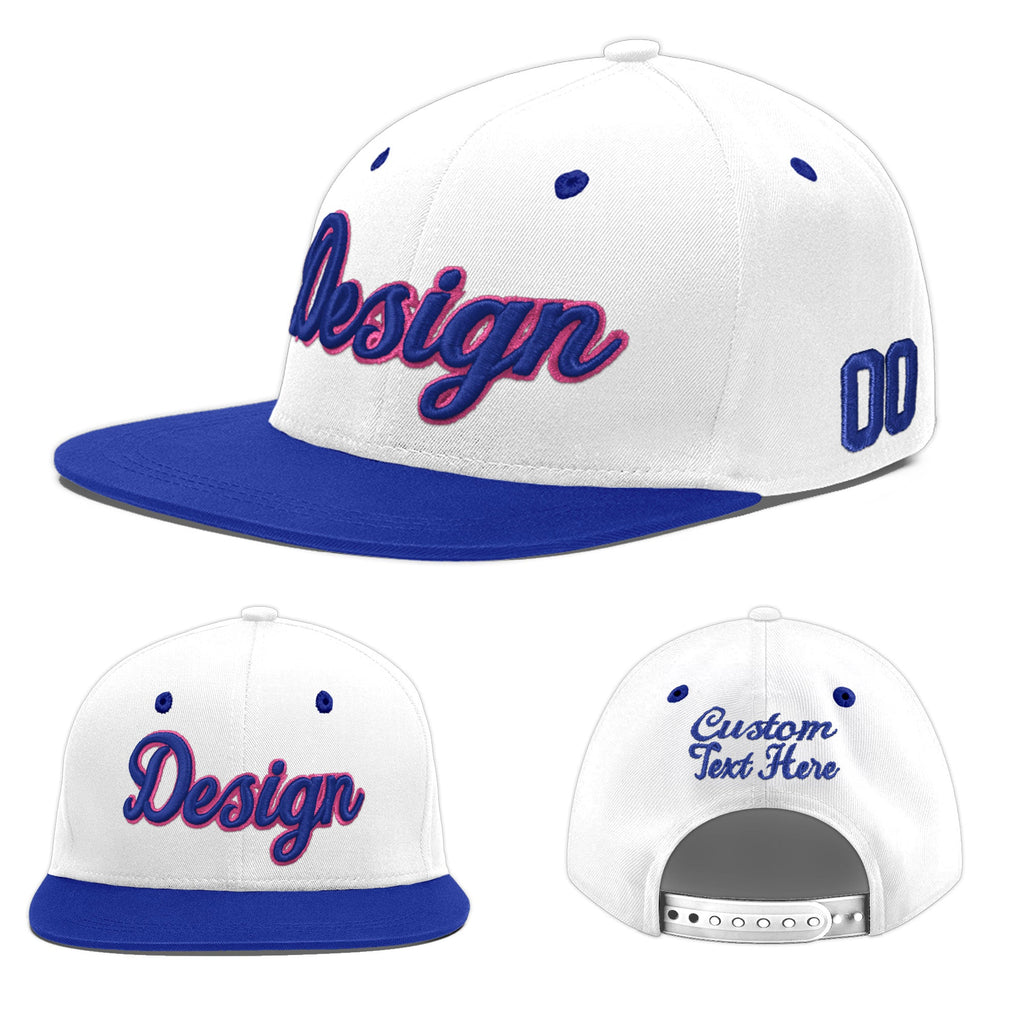 Custom White Royal Blue 3D Puff Embroidery Flat Embroidery Casual Sport Baseball Cap