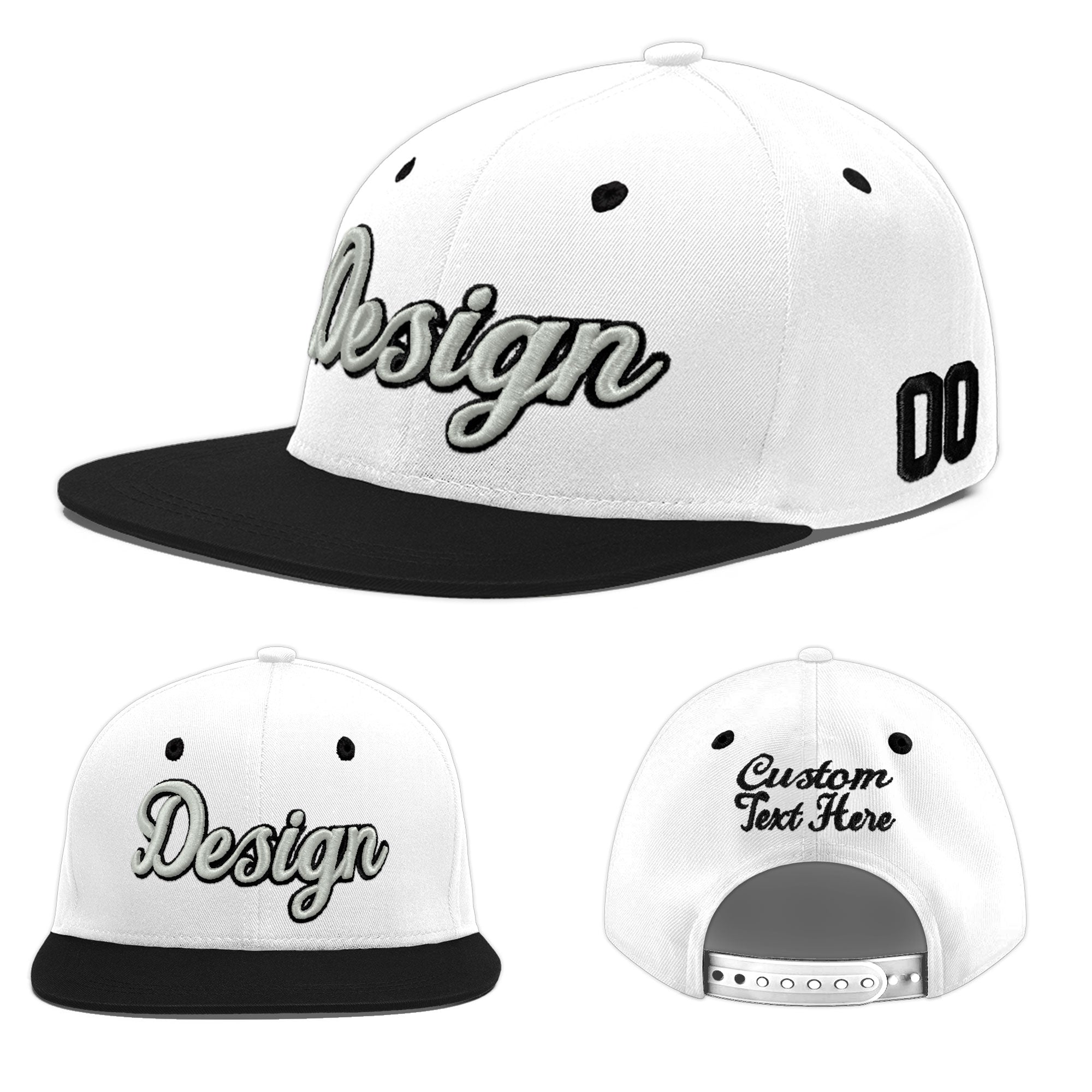 Custom White Black 3D Puff Embroidery Flat Embroidery Casual Sport Baseball Cap
