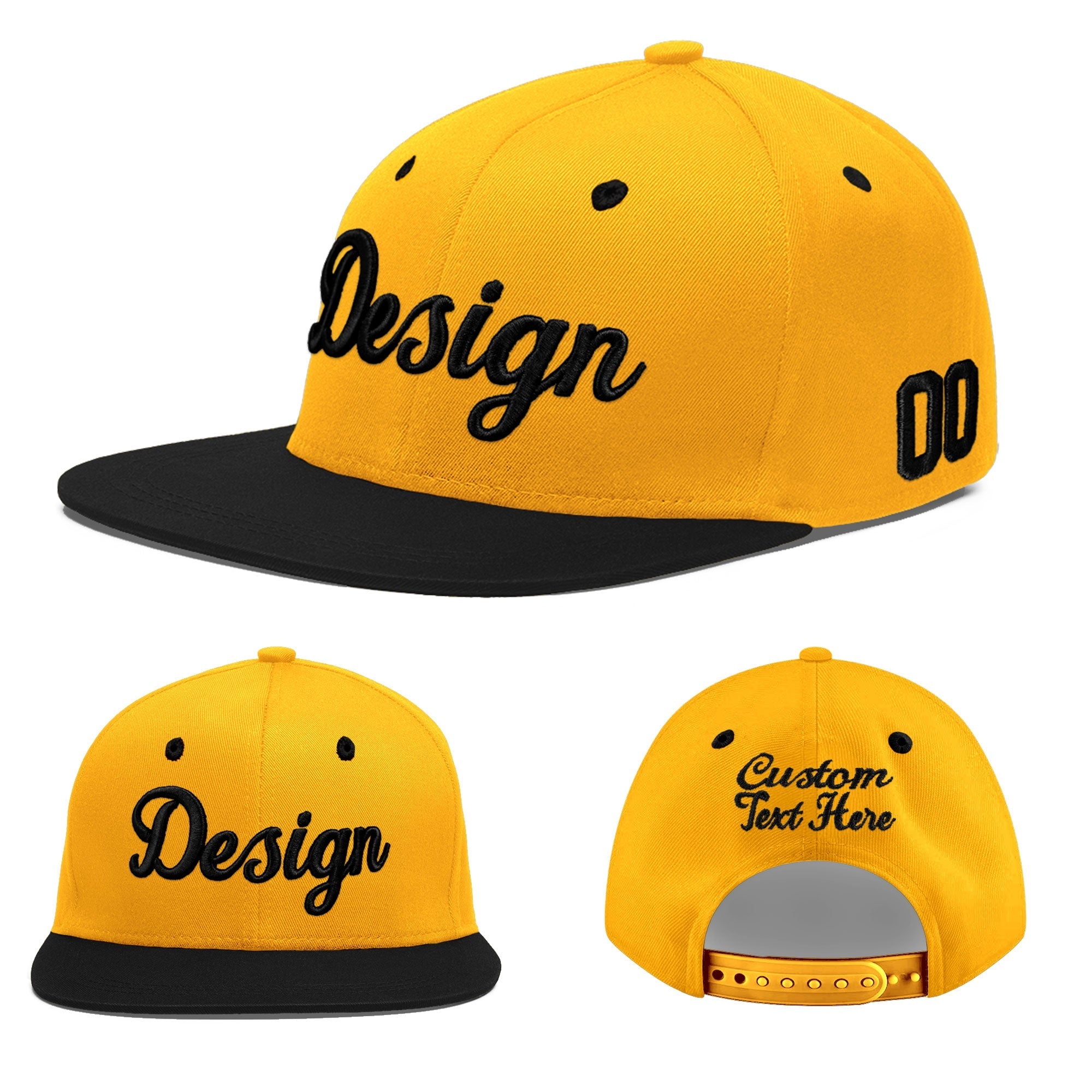 Custom Gold Black 3D Puff Embroidery Flat Embroidery Casual Sport Baseball Cap