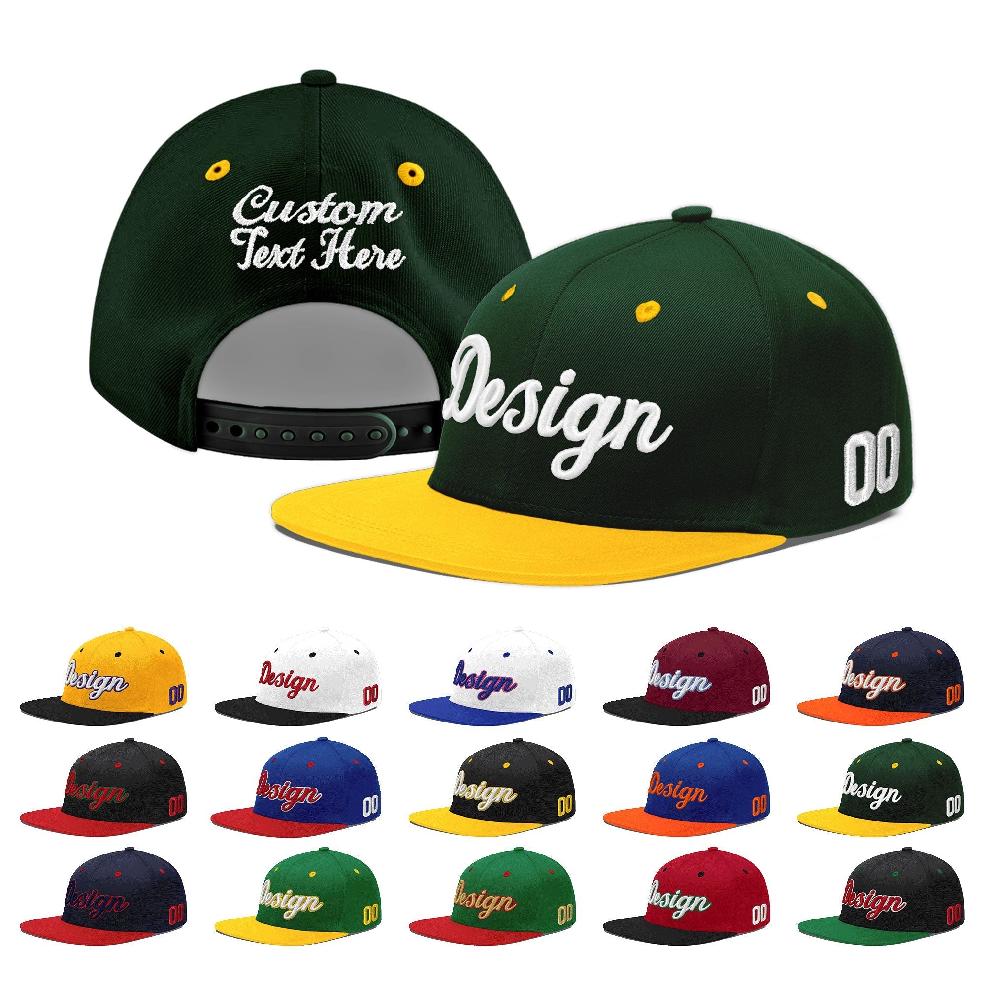 Custom Green Gold 3D Puff Embroidery Flat Embroidery Casual Sport Baseball Cap