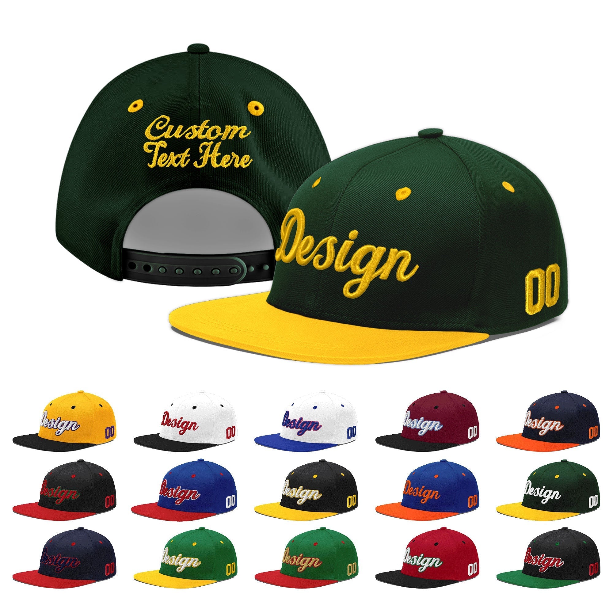 Custom Green Gold 3D Puff Embroidery Flat Embroidery Casual Sport Baseball Cap