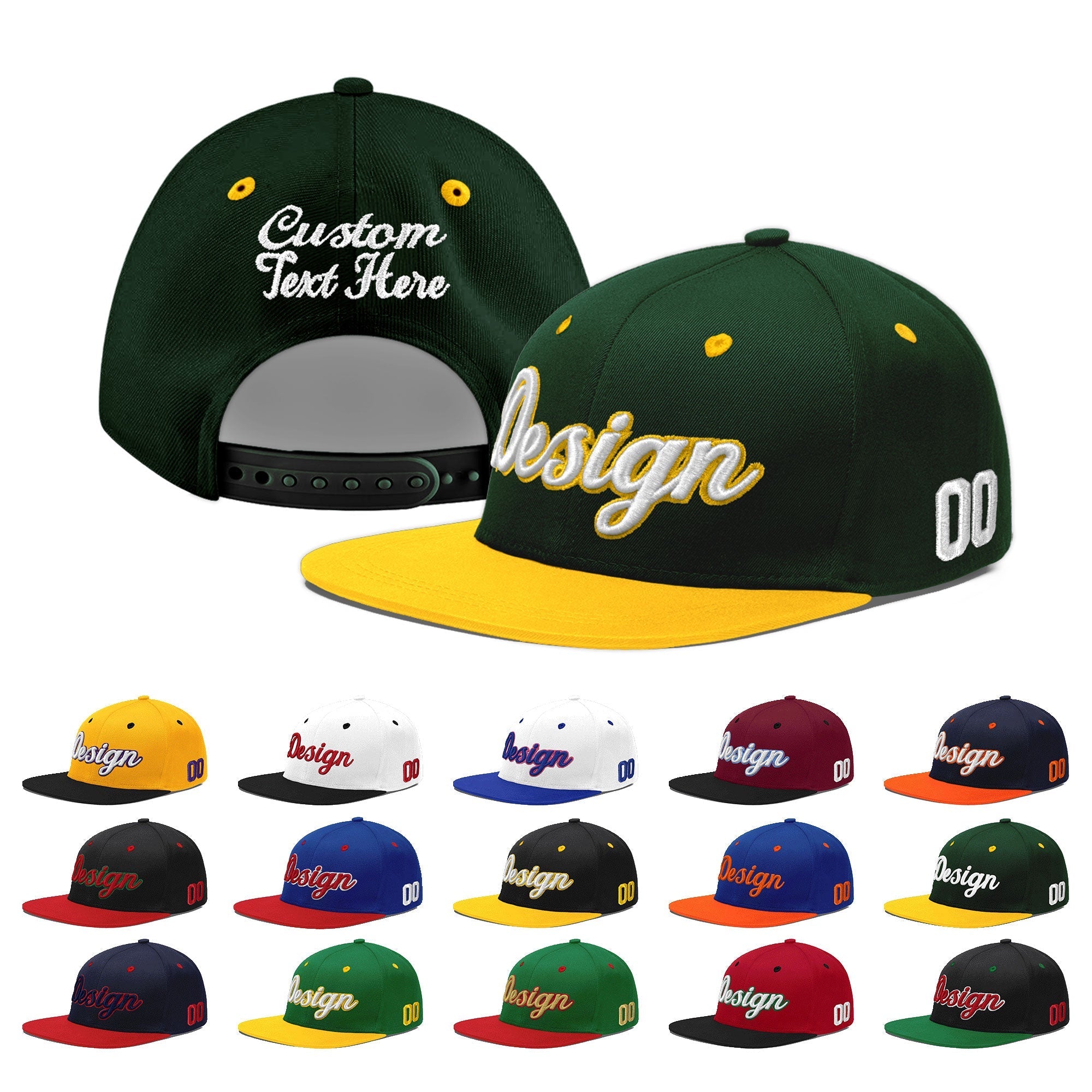 Custom Green Gold 3D Puff Embroidery Flat Embroidery Casual Sport Baseball Cap