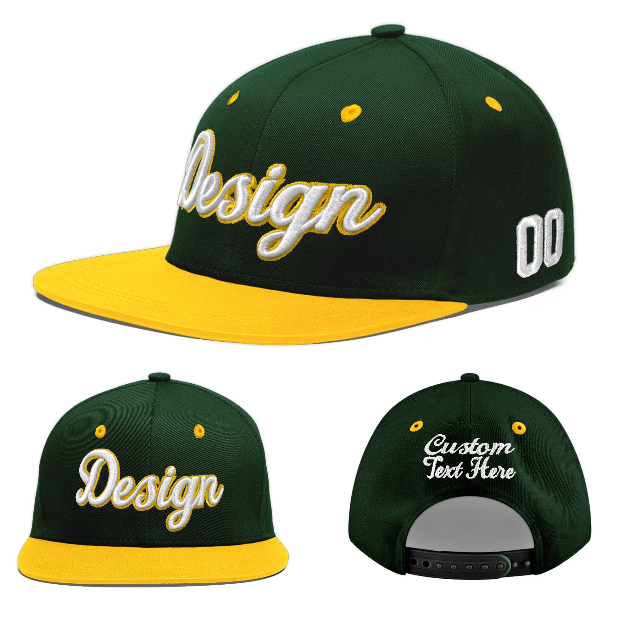 Custom Green Gold 3D Puff Embroidery Flat Embroidery Casual Sport Baseball Cap