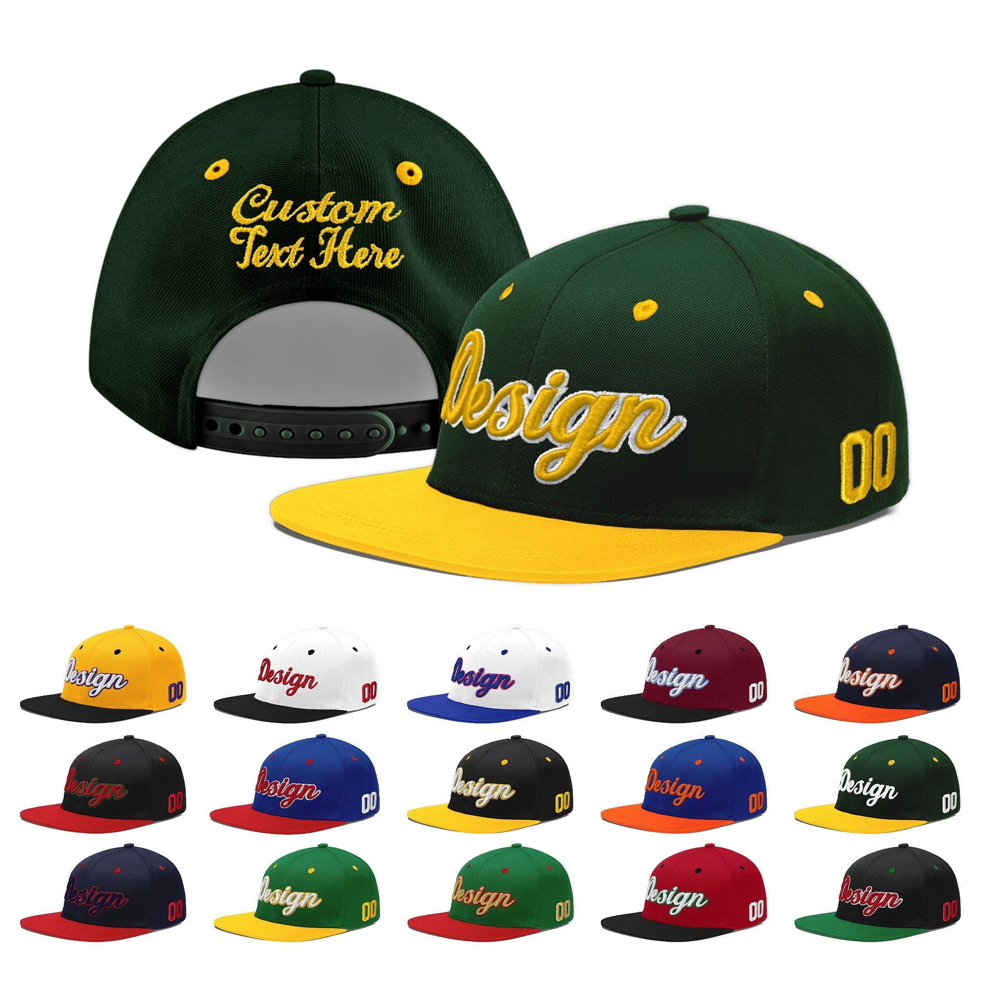 Custom Green Gold 3D Puff Embroidery Flat Embroidery Casual Sport Baseball Cap