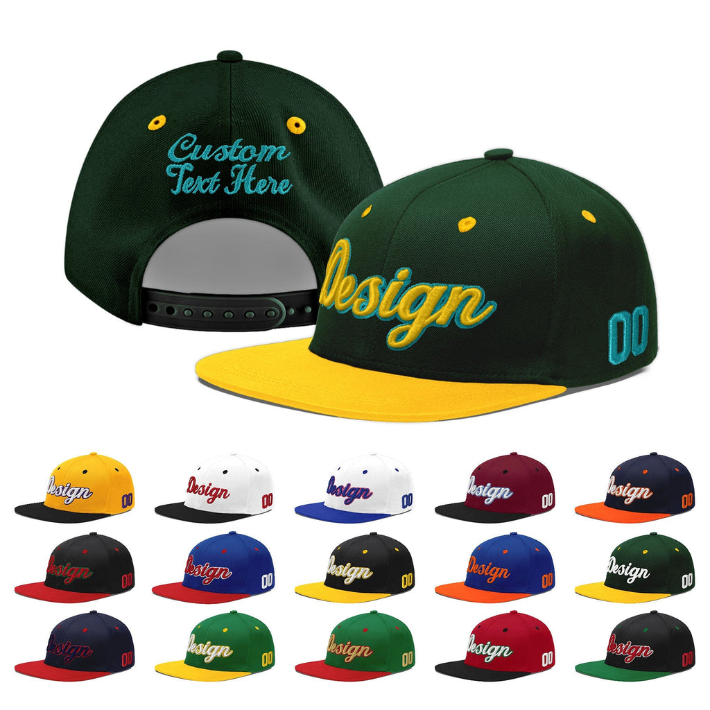Custom Green Gold 3D Puff Embroidery Flat Embroidery Casual Sport Baseball Cap