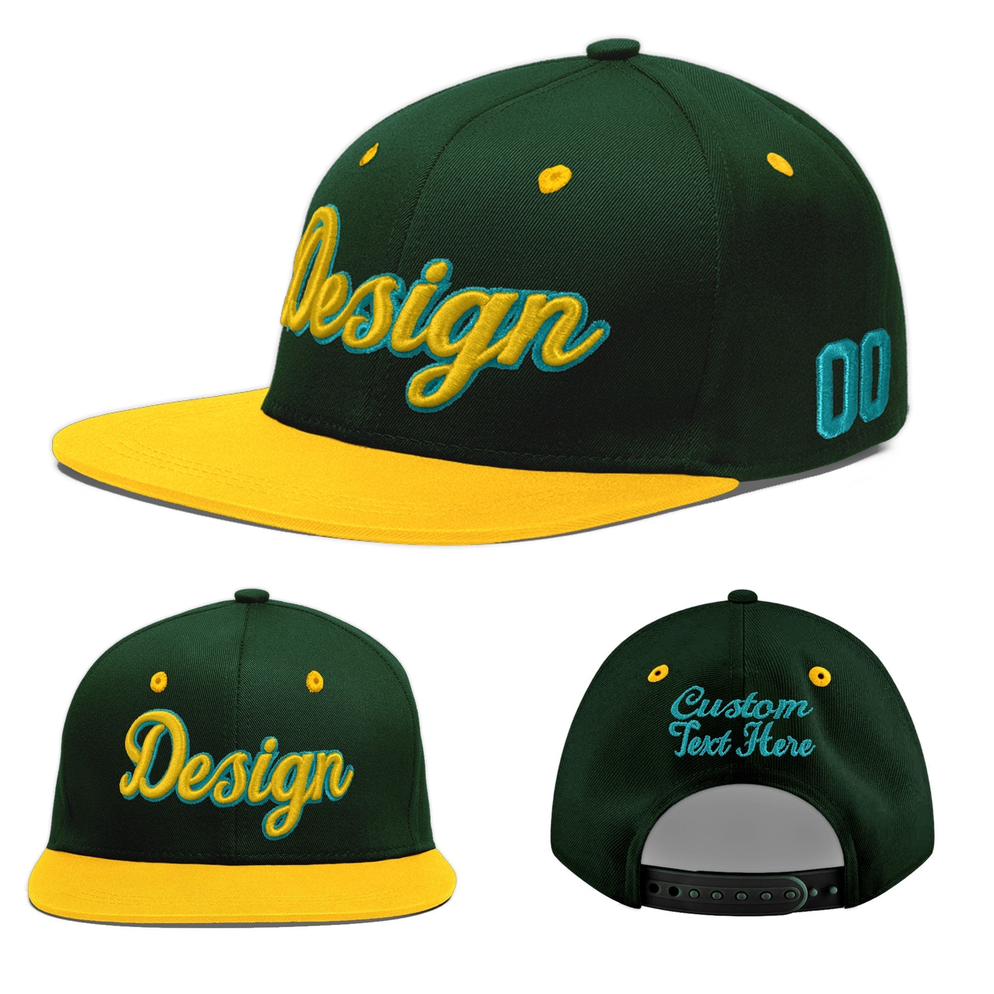 Custom Green Gold 3D Puff Embroidery Flat Embroidery Casual Sport Baseball Cap