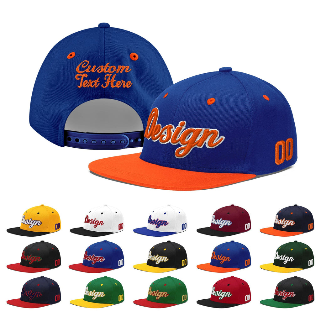 Custom Royal Blue Orange 3D Puff Embroidery Flat Embroidery Casual Sport Baseball Cap