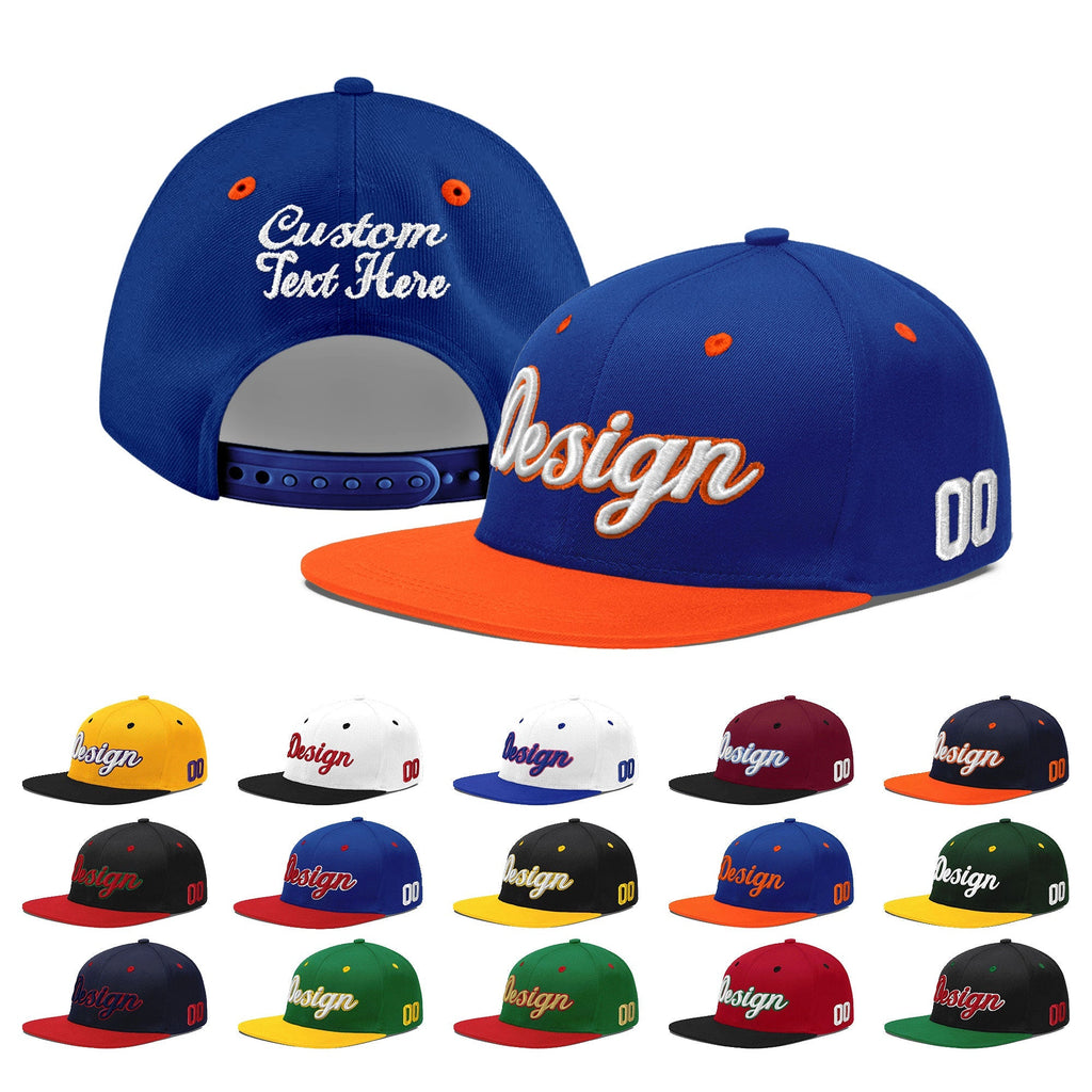 Custom Royal Blue Orange 3D Puff Embroidery Flat Embroidery Casual Sport Baseball Cap