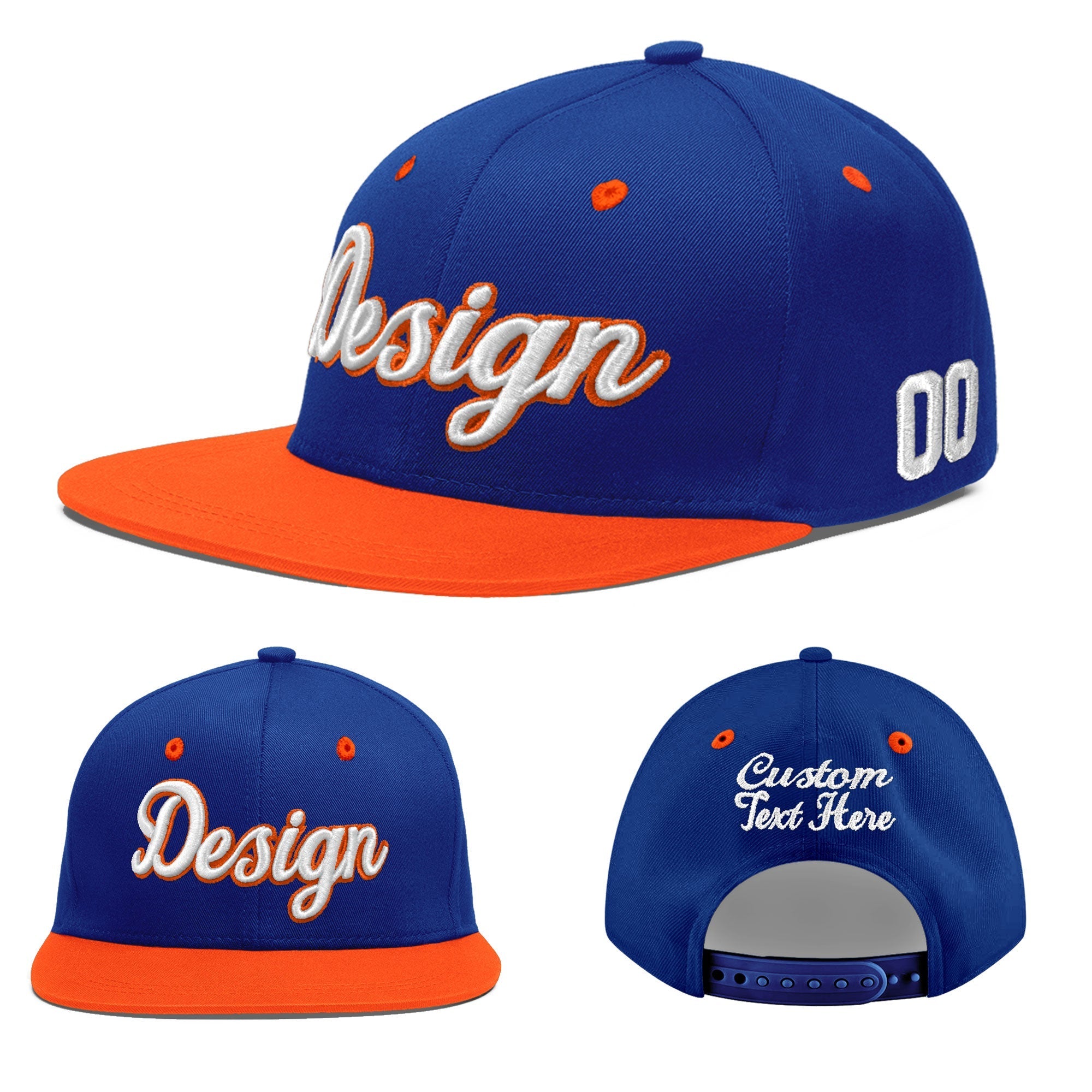 Custom Royal Blue Orange 3D Puff Embroidery Flat Embroidery Casual Sport Baseball Cap