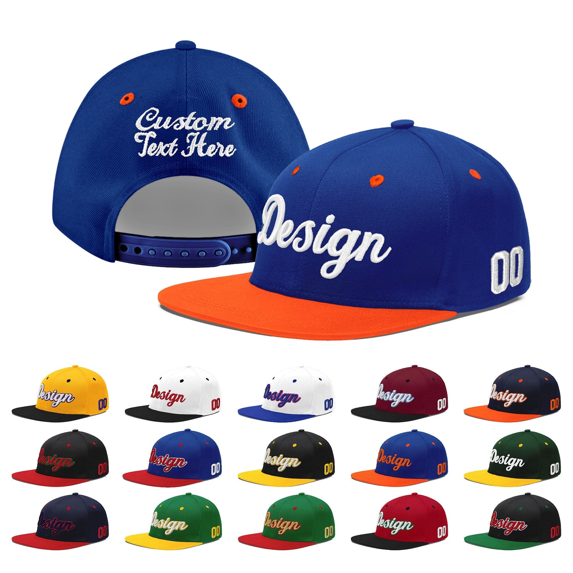 Custom Royal Blue Orange 3D Puff Embroidery Flat Embroidery Casual Sport Baseball Cap