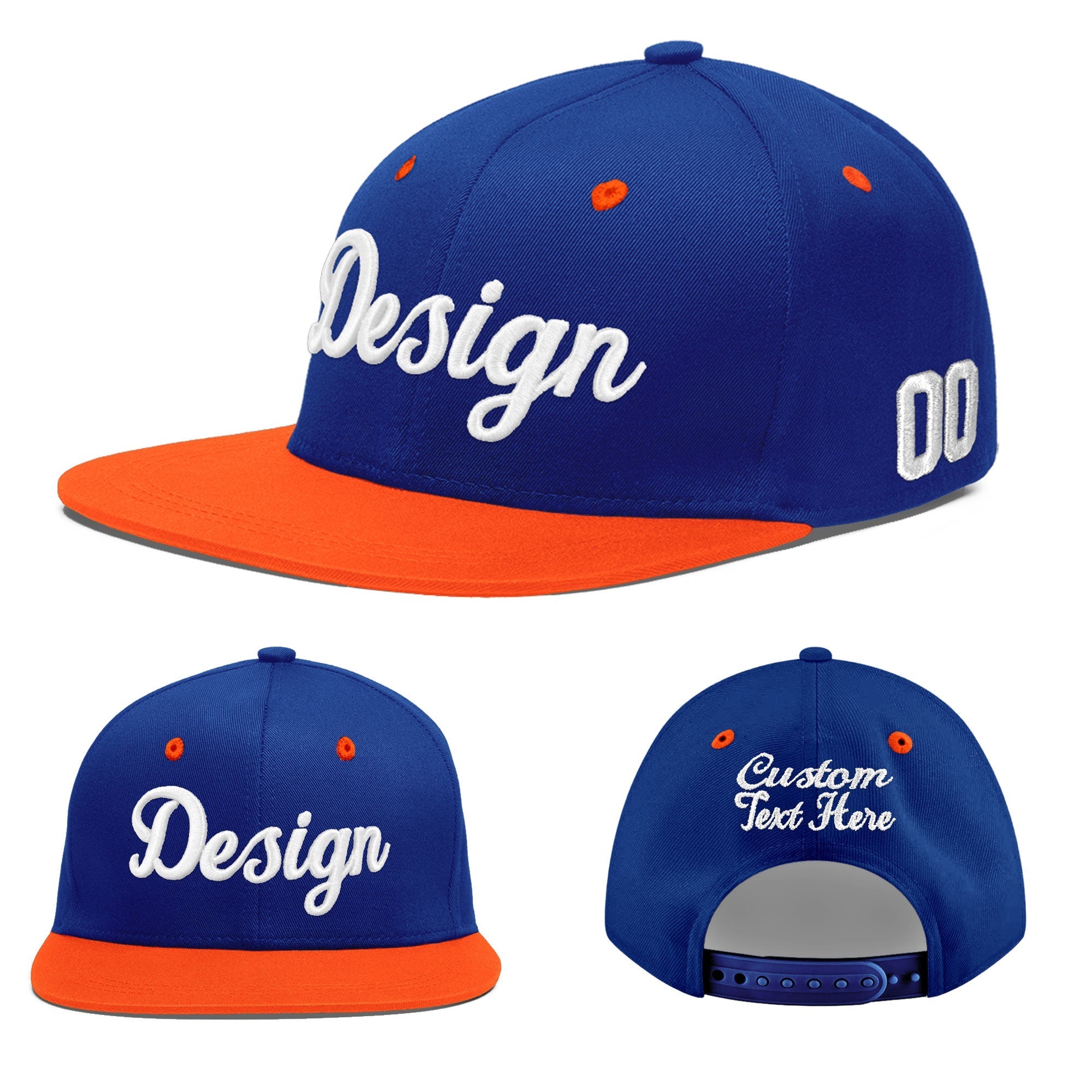 Custom Royal Blue Orange 3D Puff Embroidery Flat Embroidery Casual Sport Baseball Cap