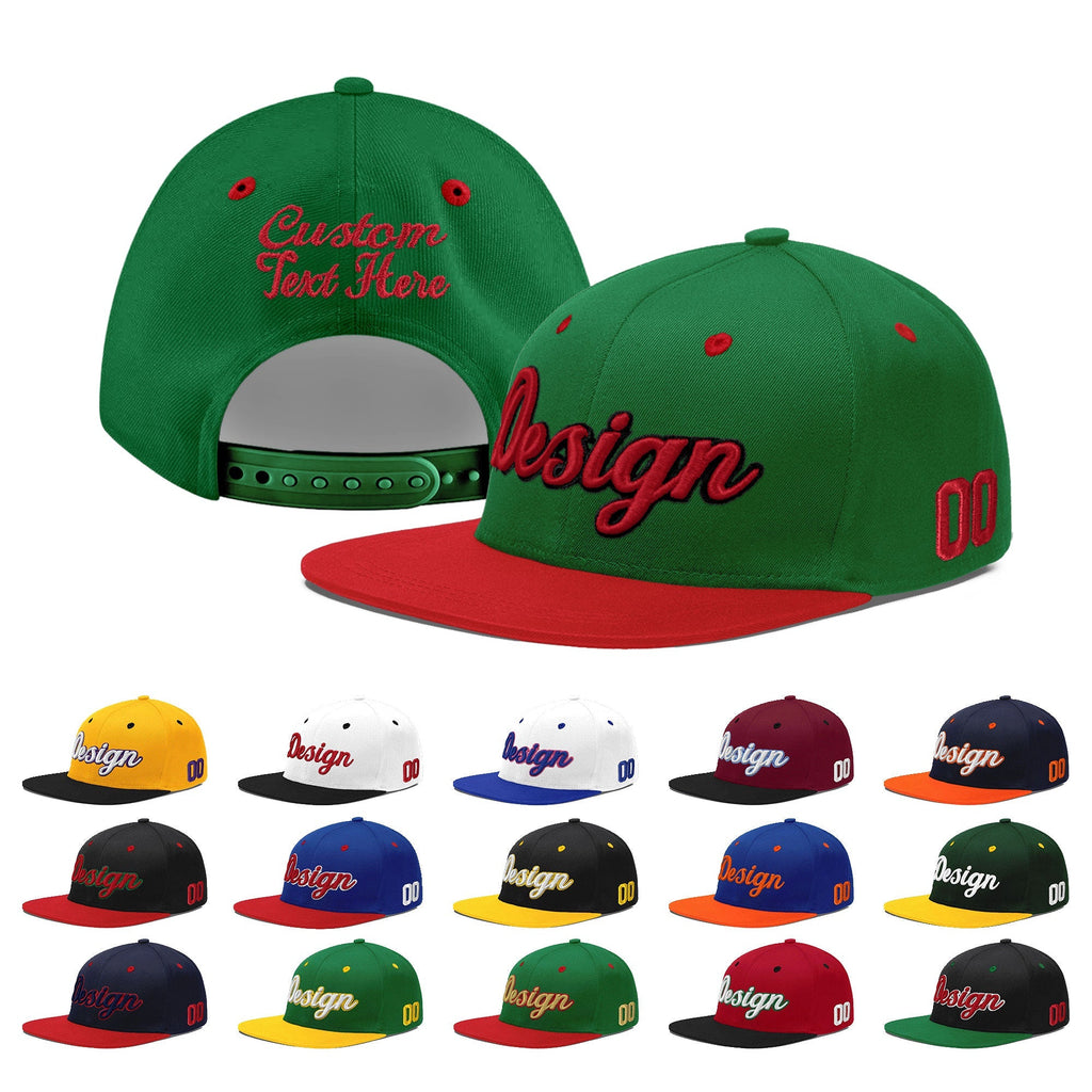 Custom Kelly Green Red 3D Puff Embroidery Flat Embroidery Casual Sport Baseball Cap