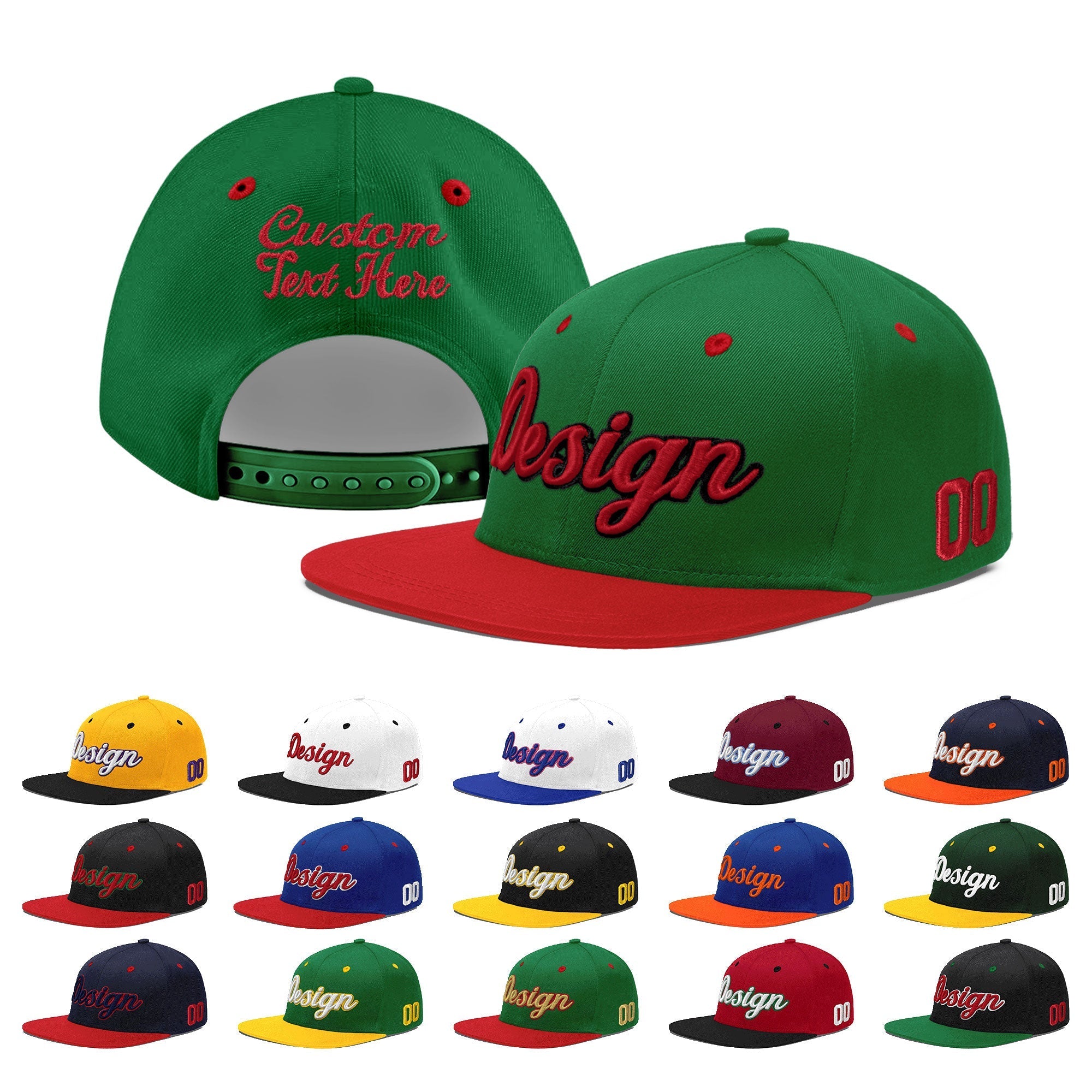 Custom Kelly Green Red 3D Puff Embroidery Flat Embroidery Casual Sport Baseball Cap