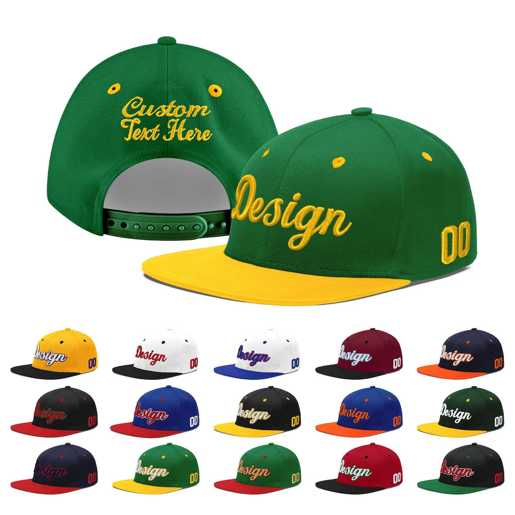 Custom Kelly Green Gold 3D Puff Embroidery Flat Embroidery Casual Sport Baseball Cap