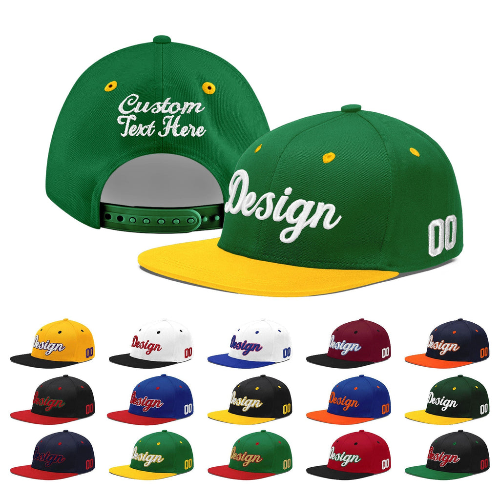 Custom Kelly Green Gold 3D Puff Embroidery Flat Embroidery Casual Sport Baseball Cap