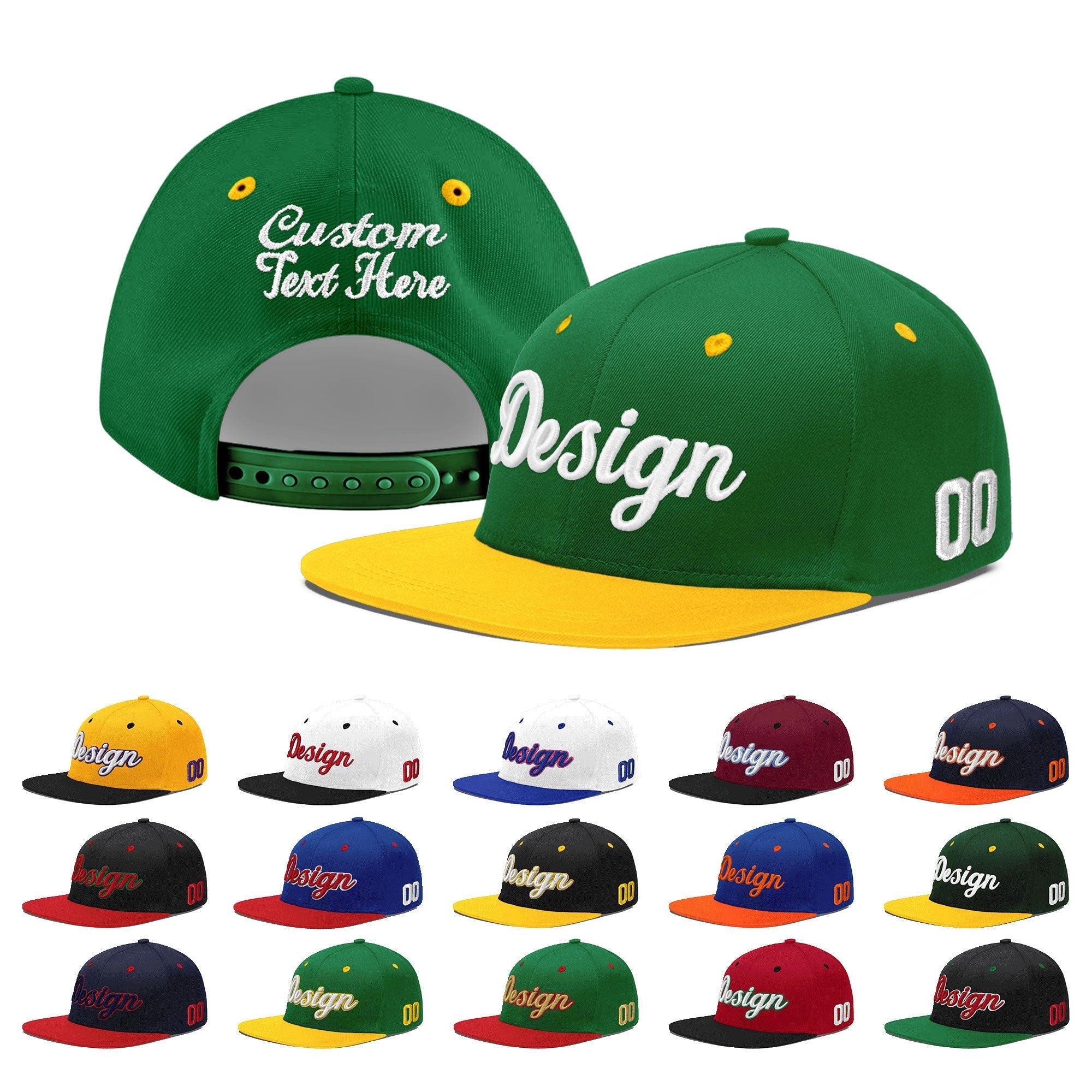 Custom Kelly Green Gold 3D Puff Embroidery Flat Embroidery Casual Sport Baseball Cap