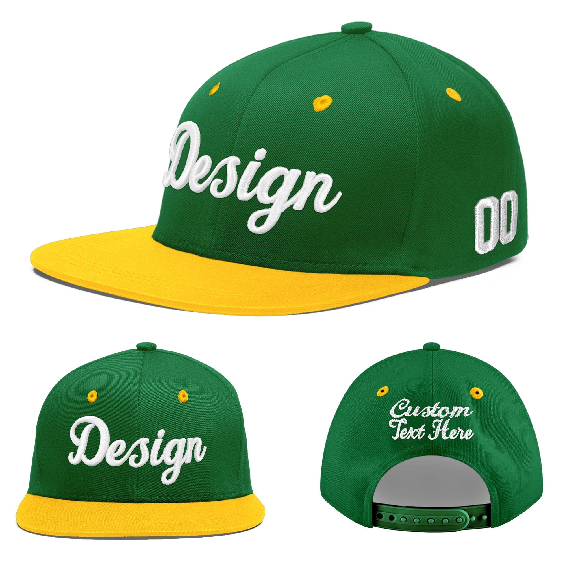 Custom Kelly Green Gold 3D Puff Embroidery Flat Embroidery Casual Sport Baseball Cap