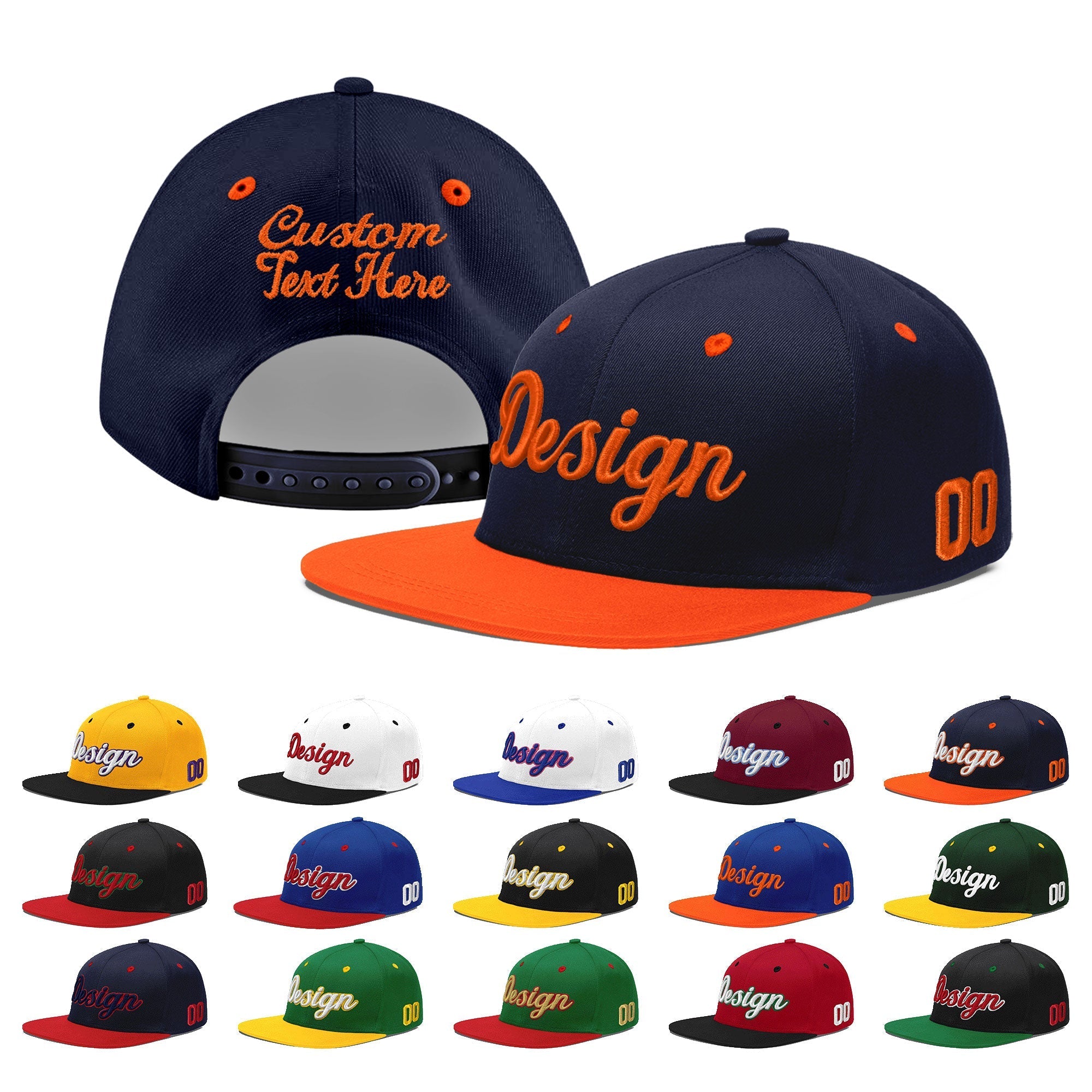 Custom Navy Navy Orange 3D Puff Embroidery Flat Embroidery Casual Sport Baseball Cap