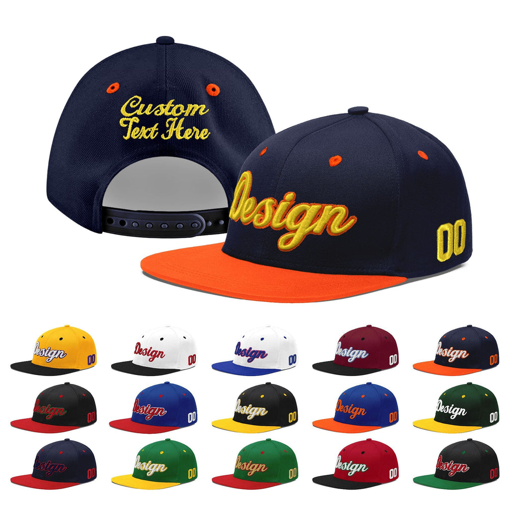 Custom Navy Navy Orange 3D Puff Embroidery Flat Embroidery Casual Sport Baseball Cap