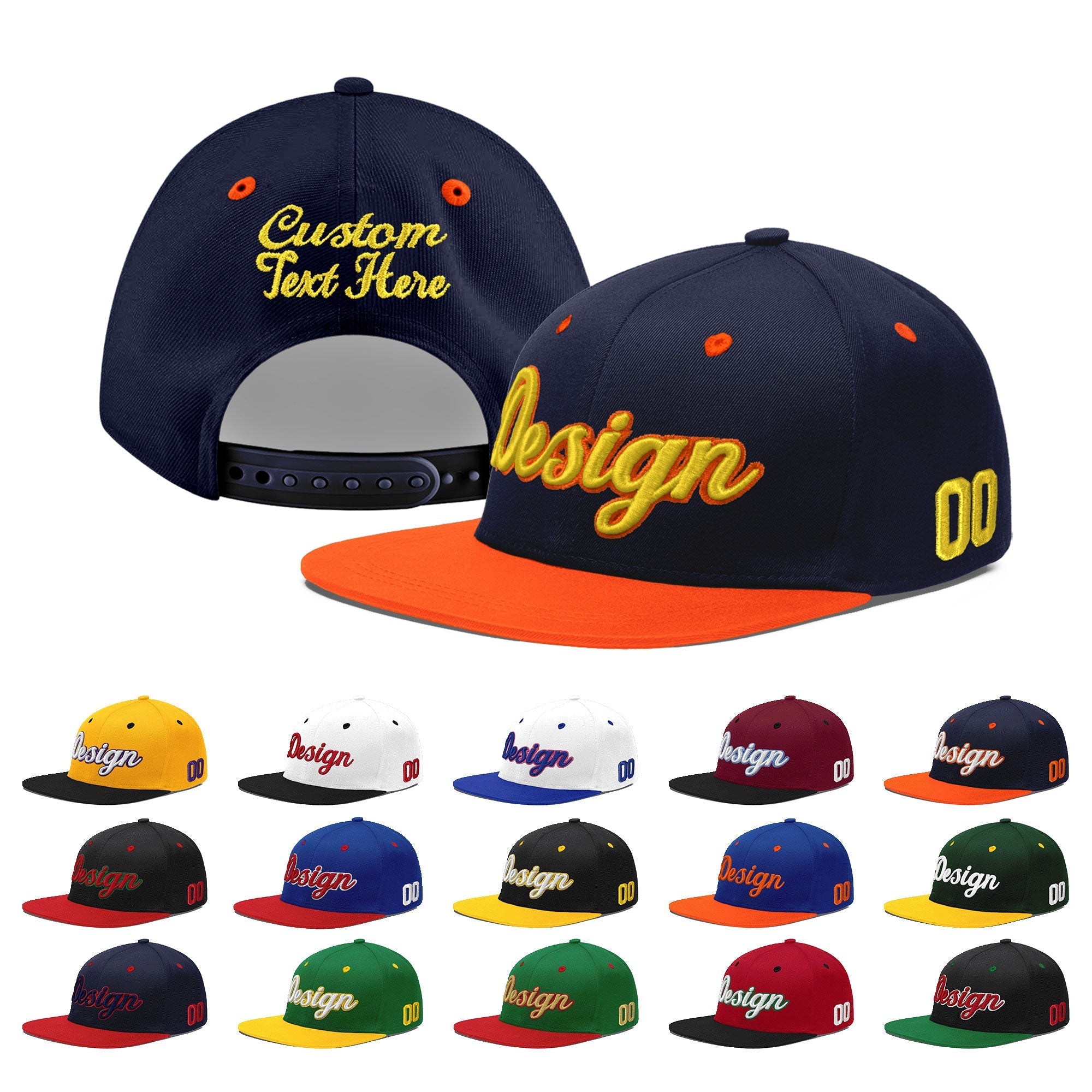 Custom Navy Navy Orange 3D Puff Embroidery Flat Embroidery Casual Sport Baseball Cap
