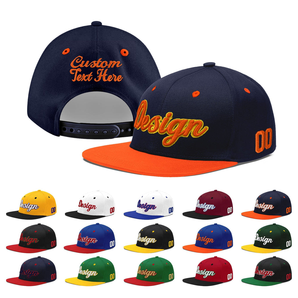Custom Navy Navy Orange 3D Puff Embroidery Flat Embroidery Casual Sport Baseball Cap