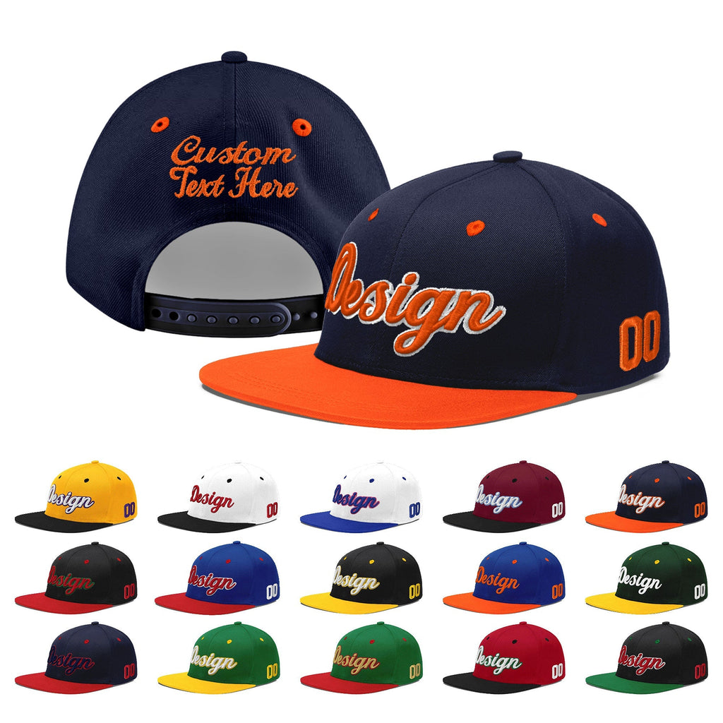 Custom Navy Navy Orange 3D Puff Embroidery Flat Embroidery Casual Sport Baseball Cap