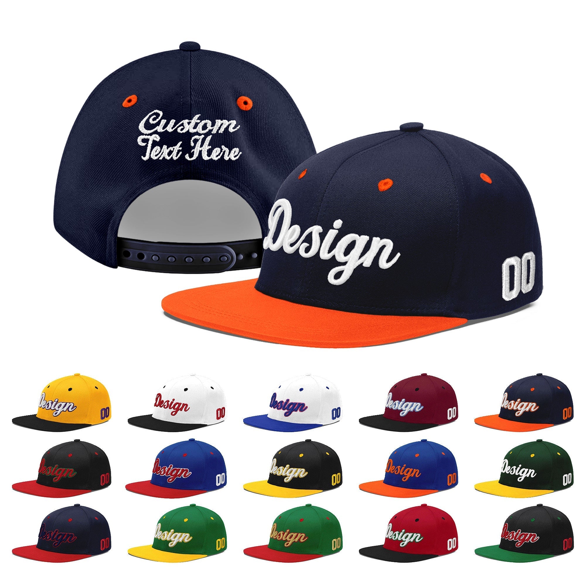 Custom Navy Navy Orange 3D Puff Embroidery Flat Embroidery Casual Sport Baseball Cap