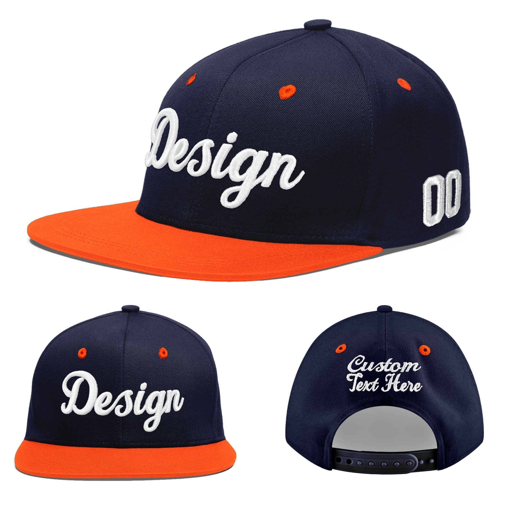 Custom Navy Navy Orange 3D Puff Embroidery Flat Embroidery Casual Sport Baseball Cap