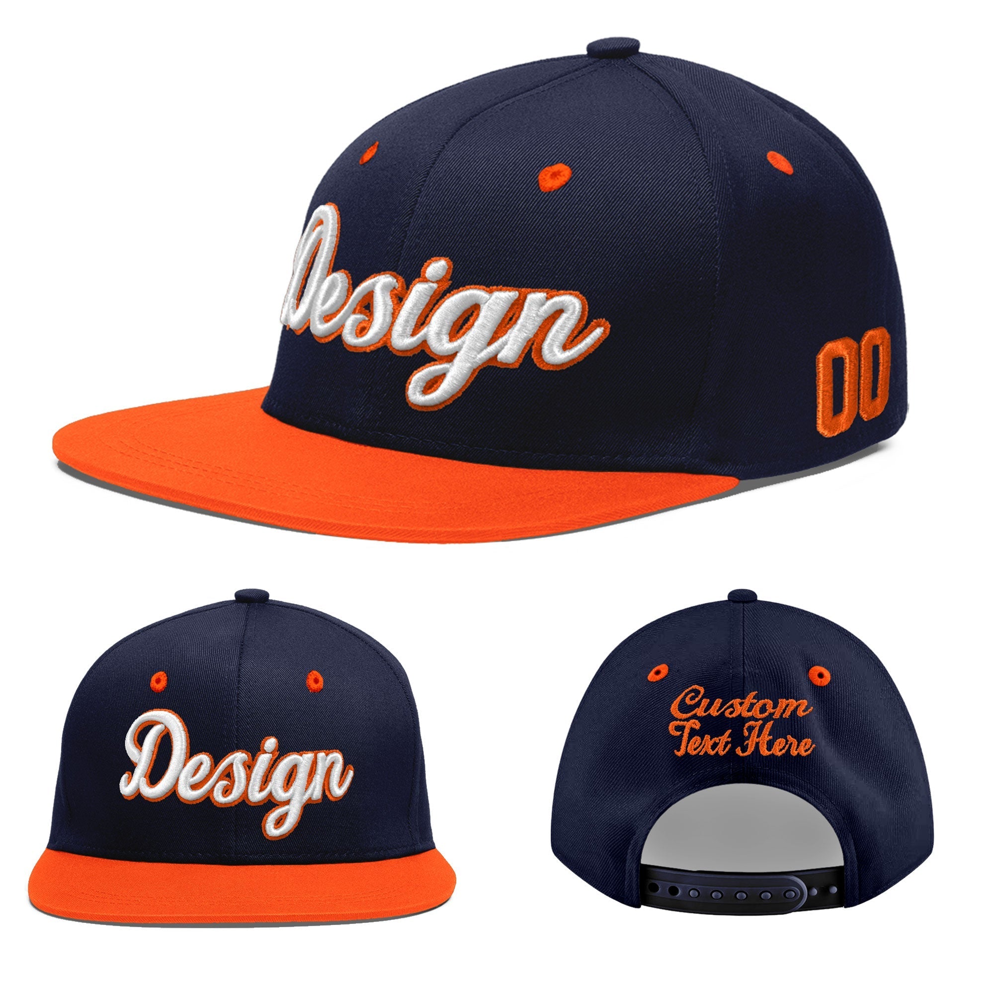 Custom Navy Navy Orange 3D Puff Embroidery Flat Embroidery Casual Sport Baseball Cap
