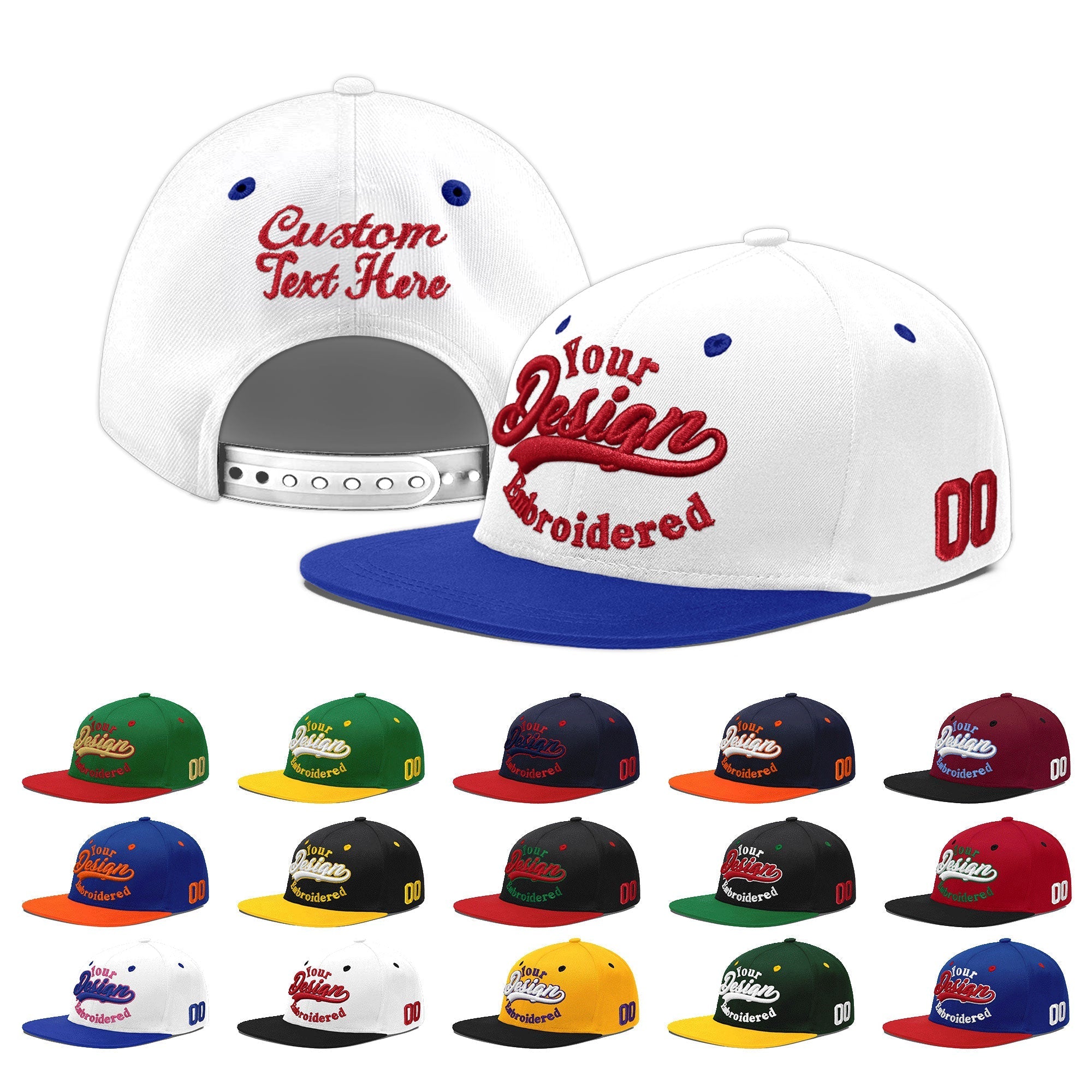 Custom White Royal Blue 3D Puff Embroidery Flat Embroidery Casual Sport Baseball Cap