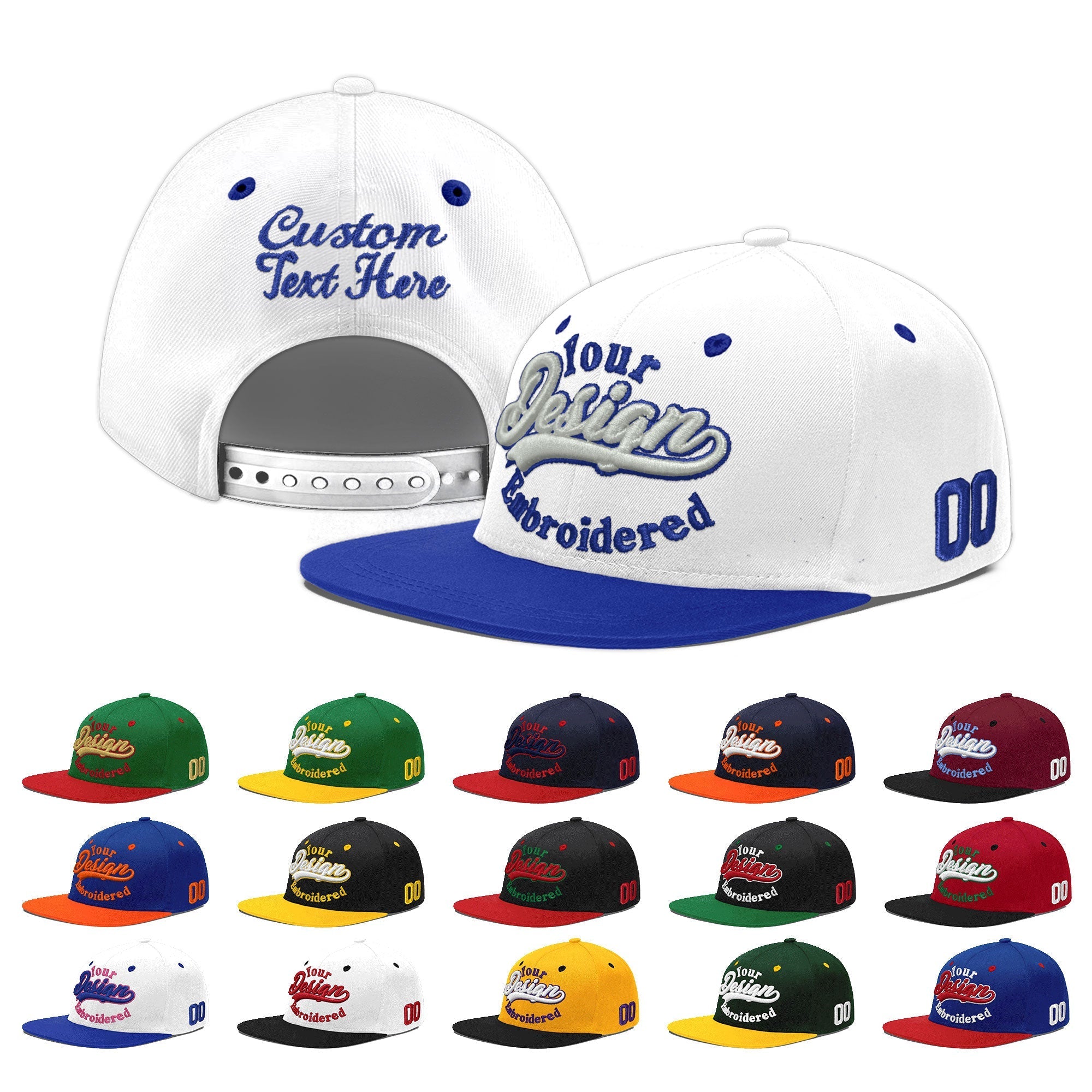 Custom White Royal Blue 3D Puff Embroidery Flat Embroidery Casual Sport Baseball Cap
