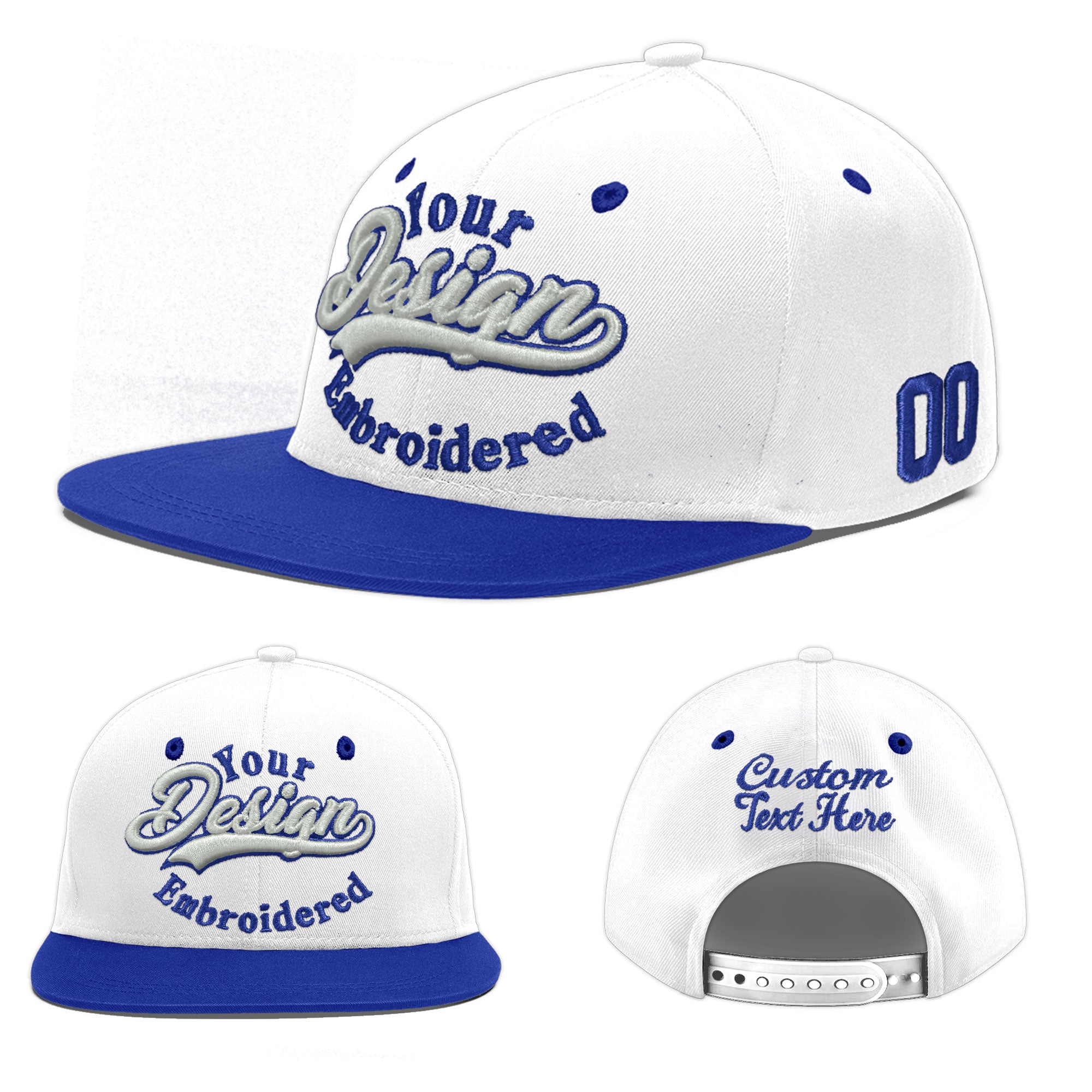 Custom White Royal Blue 3D Puff Embroidery Flat Embroidery Casual Sport Baseball Cap