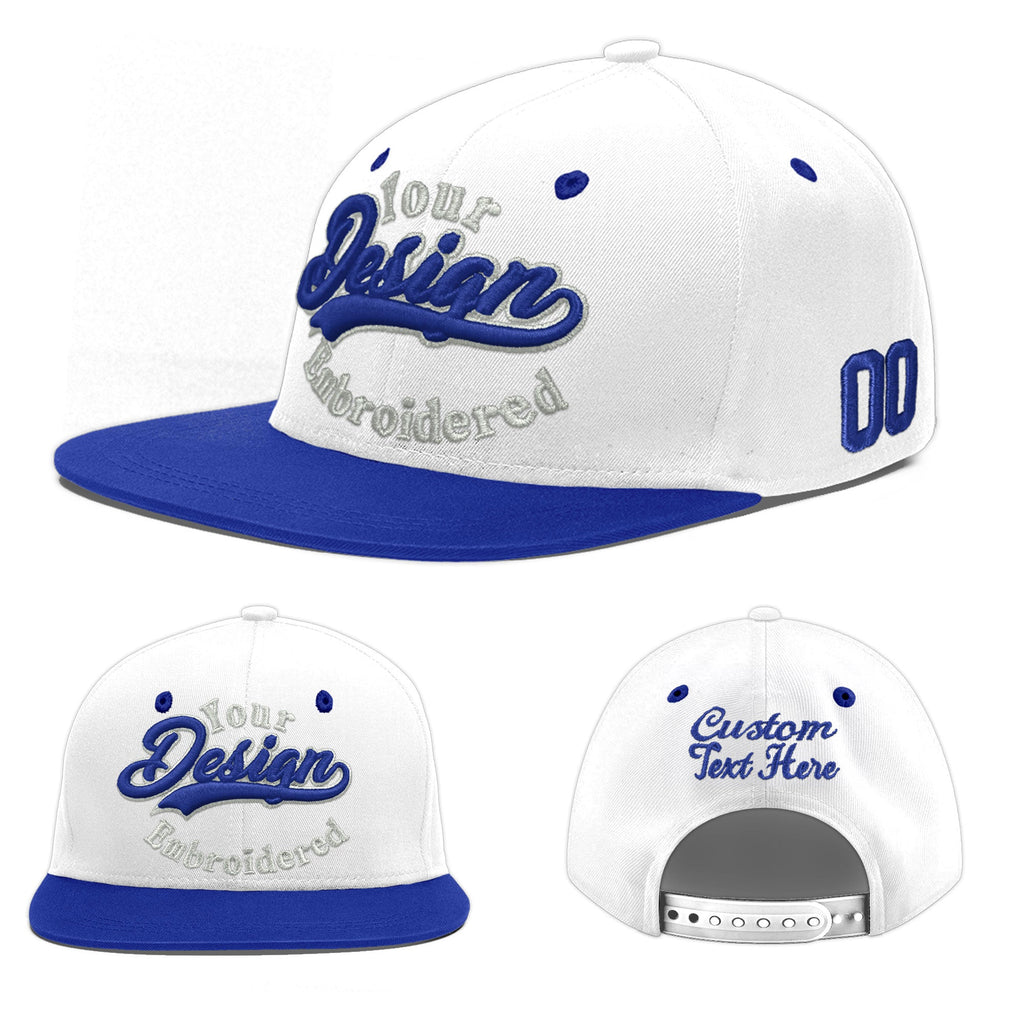 Custom White Royal Blue 3D Puff Embroidery Flat Embroidery Casual Sport Baseball Cap