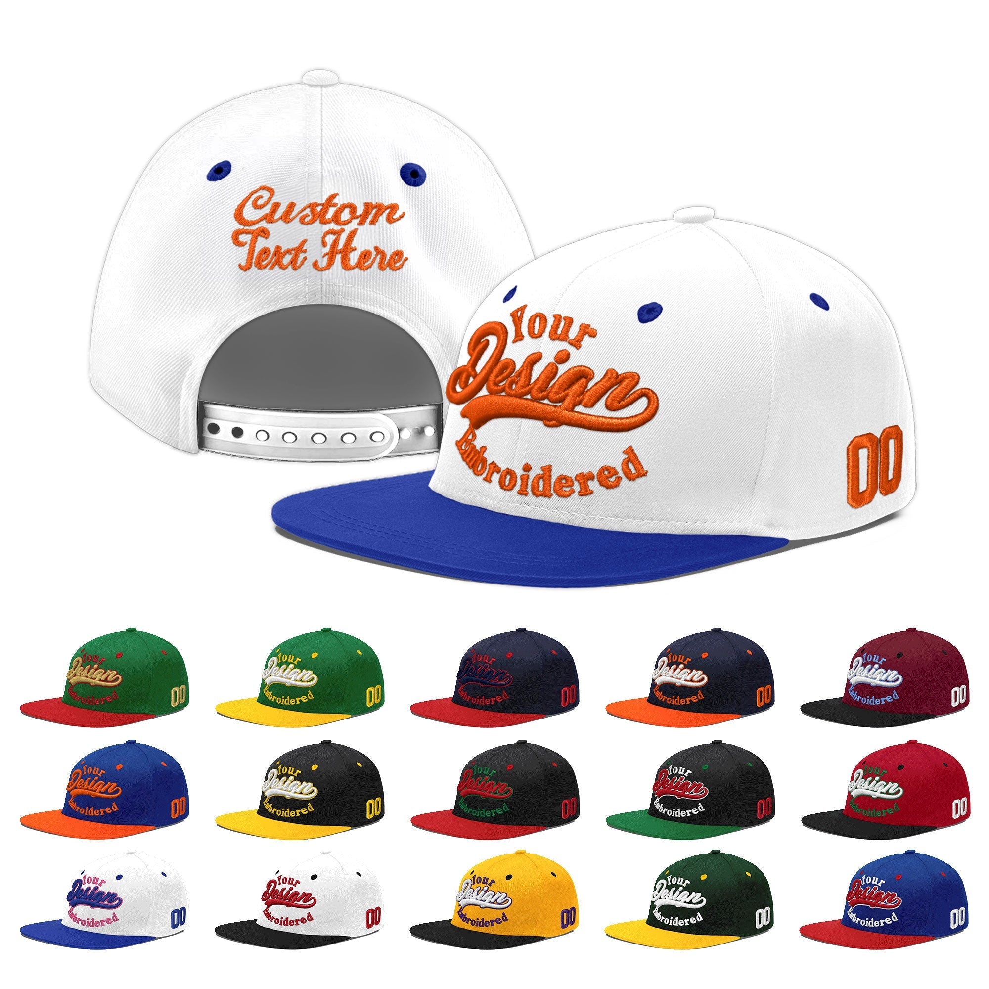 Custom White Royal Blue 3D Puff Embroidery Flat Embroidery Casual Sport Baseball Cap