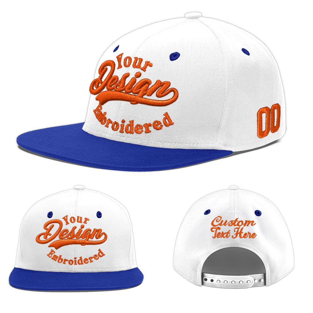 Custom White Royal Blue 3D Puff Embroidery Flat Embroidery Casual Sport Baseball Cap