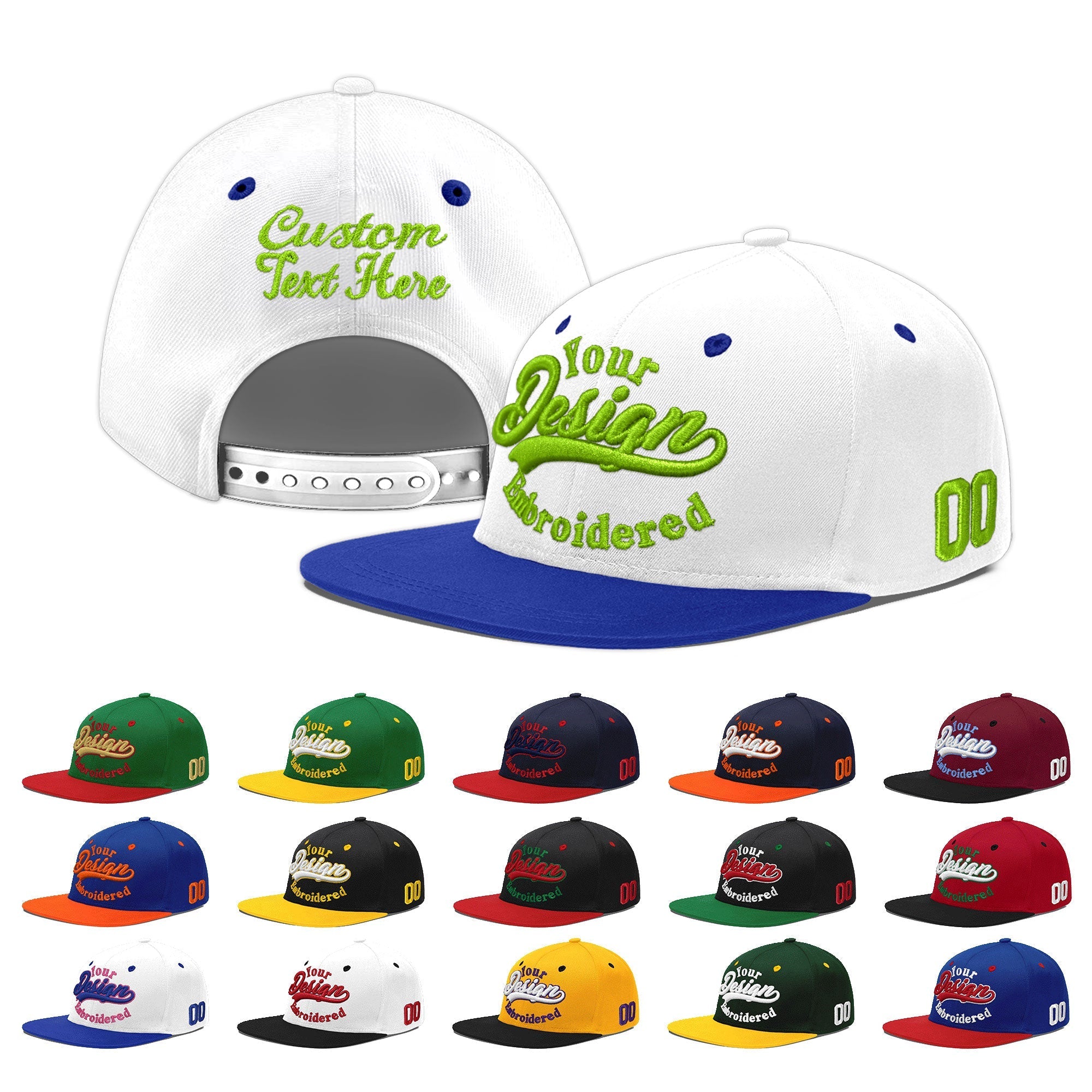 Custom White Royal Blue 3D Puff Embroidery Flat Embroidery Casual Sport Baseball Cap
