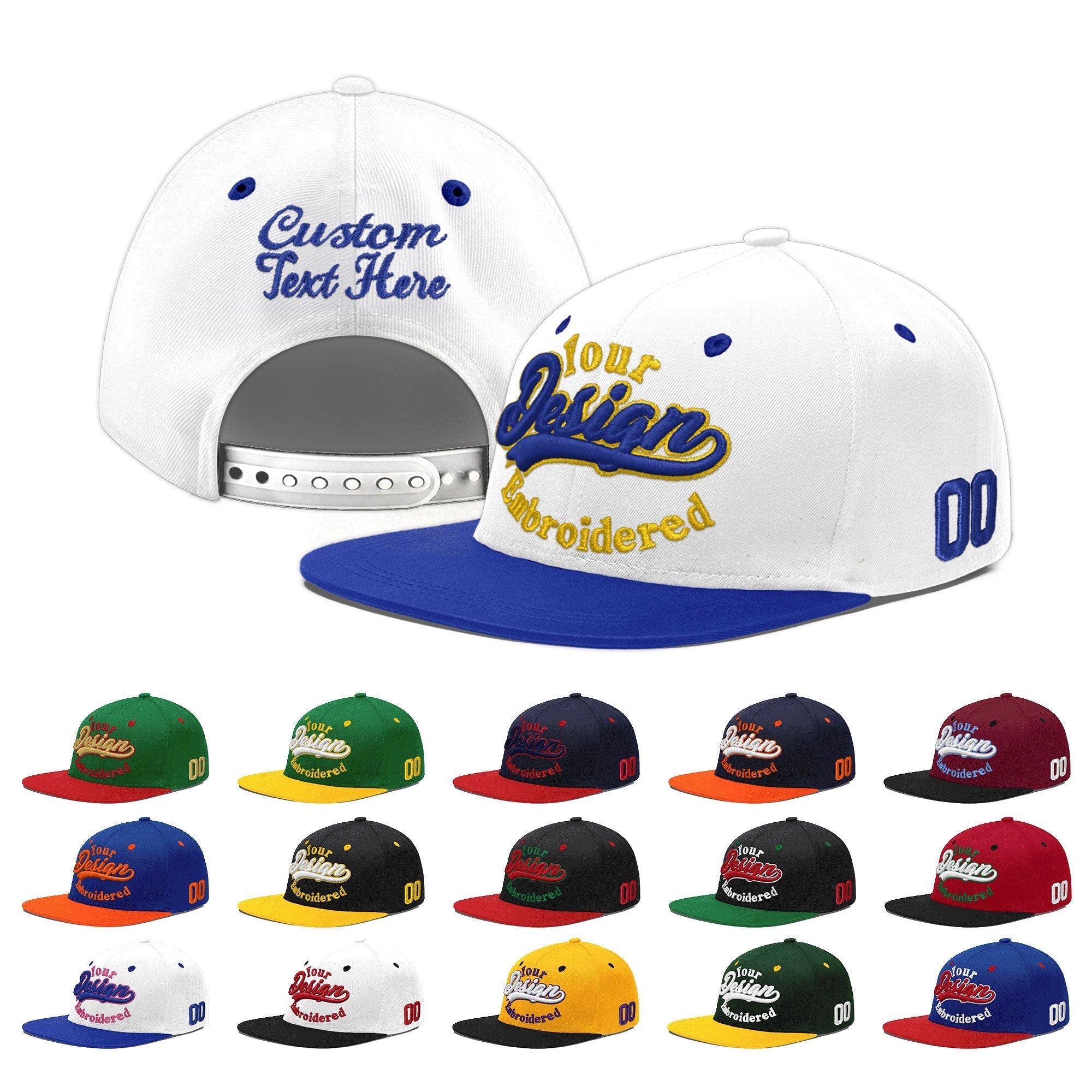 Custom White Royal Blue 3D Puff Embroidery Flat Embroidery Casual Sport Baseball Cap