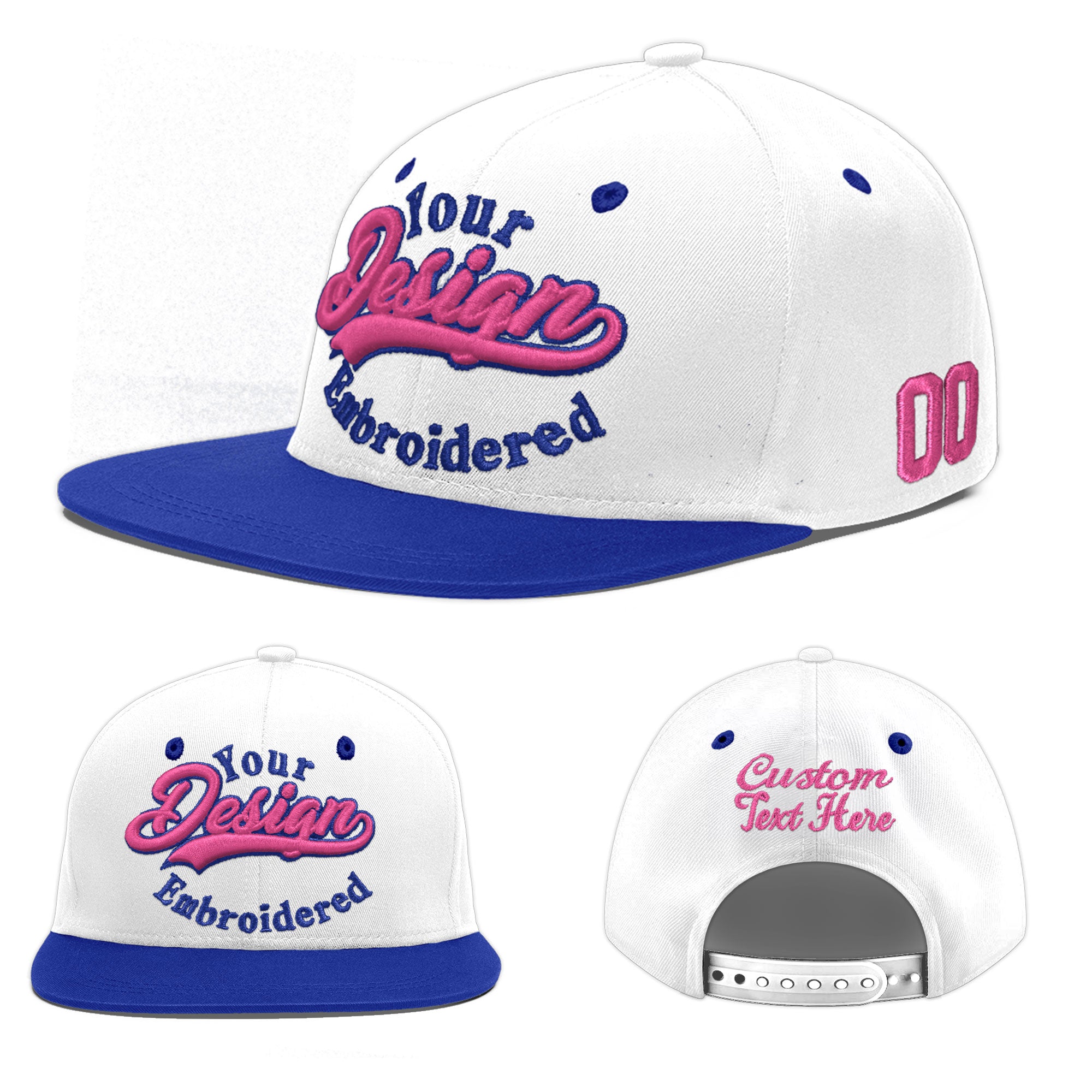 Custom White Royal Blue 3D Puff Embroidery Flat Embroidery Casual Sport Baseball Cap