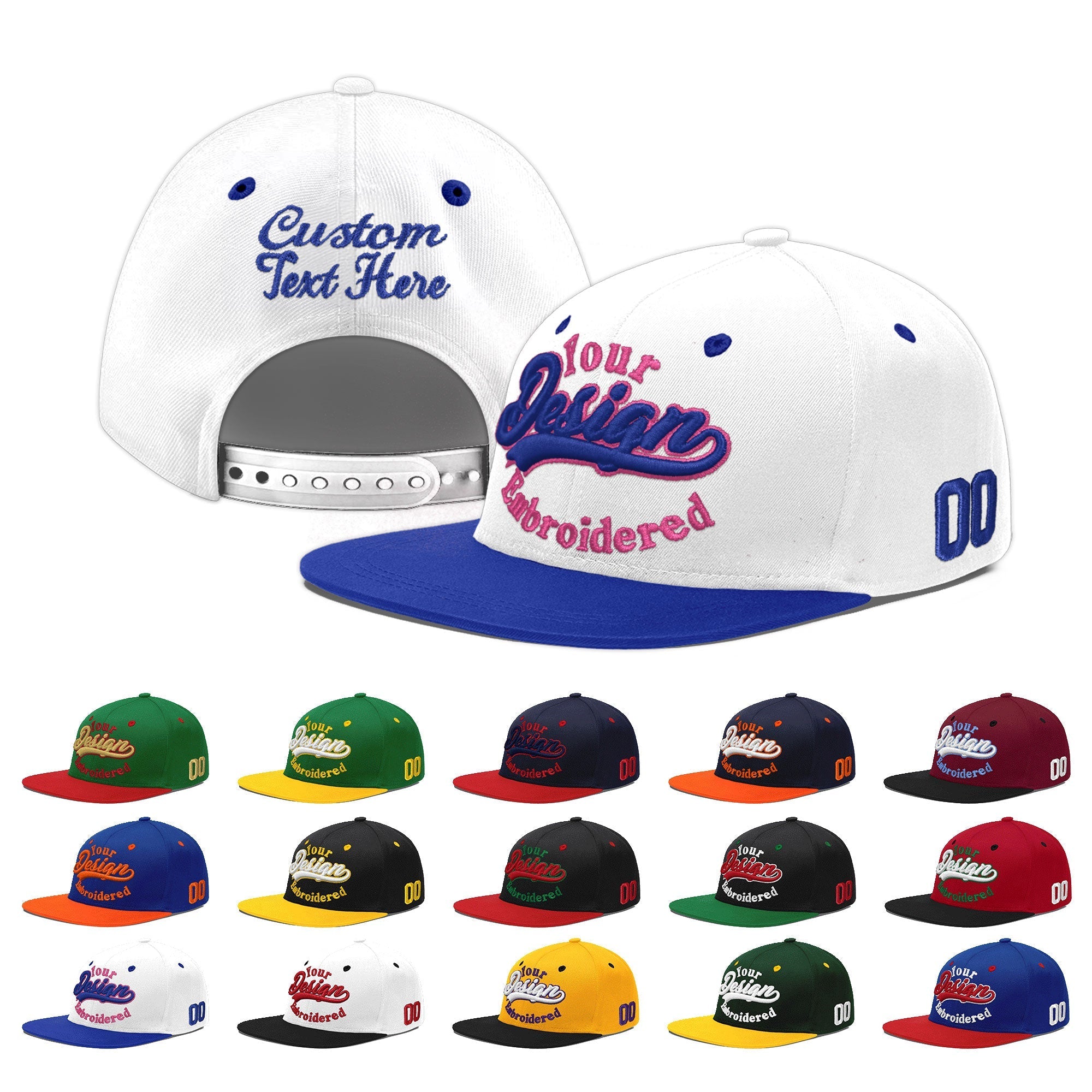 Custom White Royal Blue 3D Puff Embroidery Flat Embroidery Casual Sport Baseball Cap
