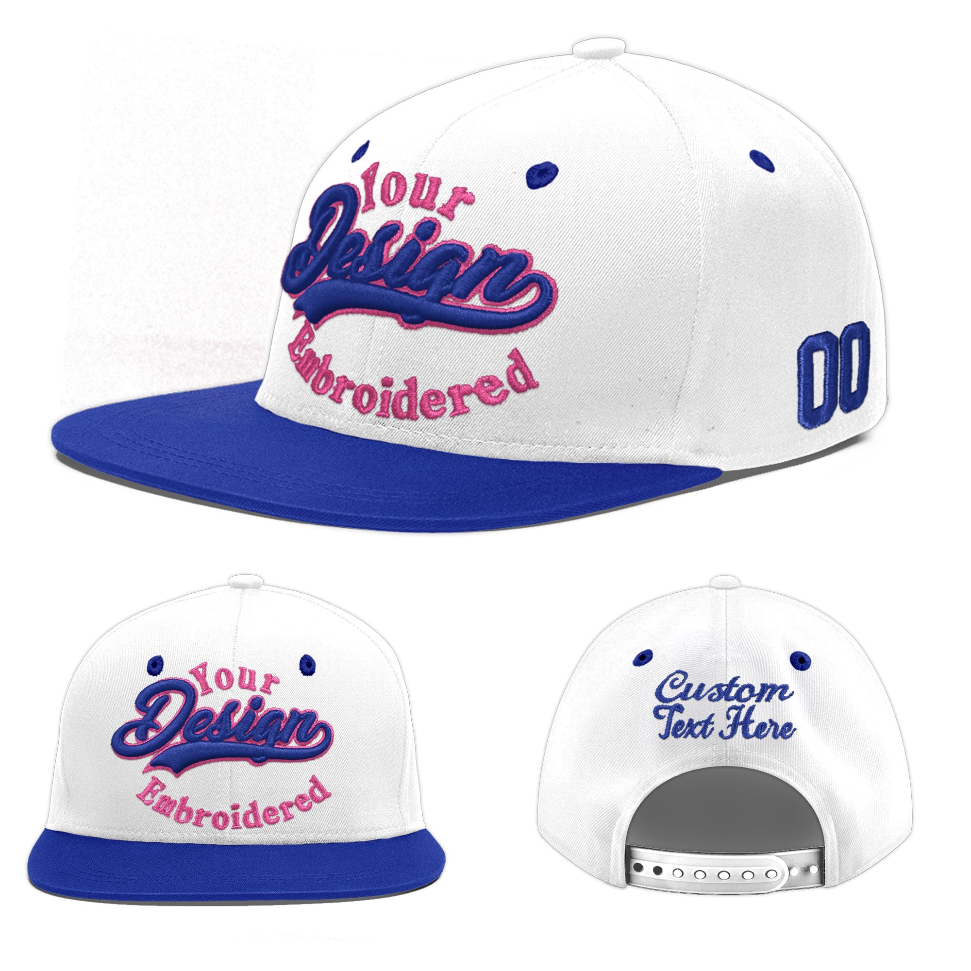Custom White Royal Blue 3D Puff Embroidery Flat Embroidery Casual Sport Baseball Cap