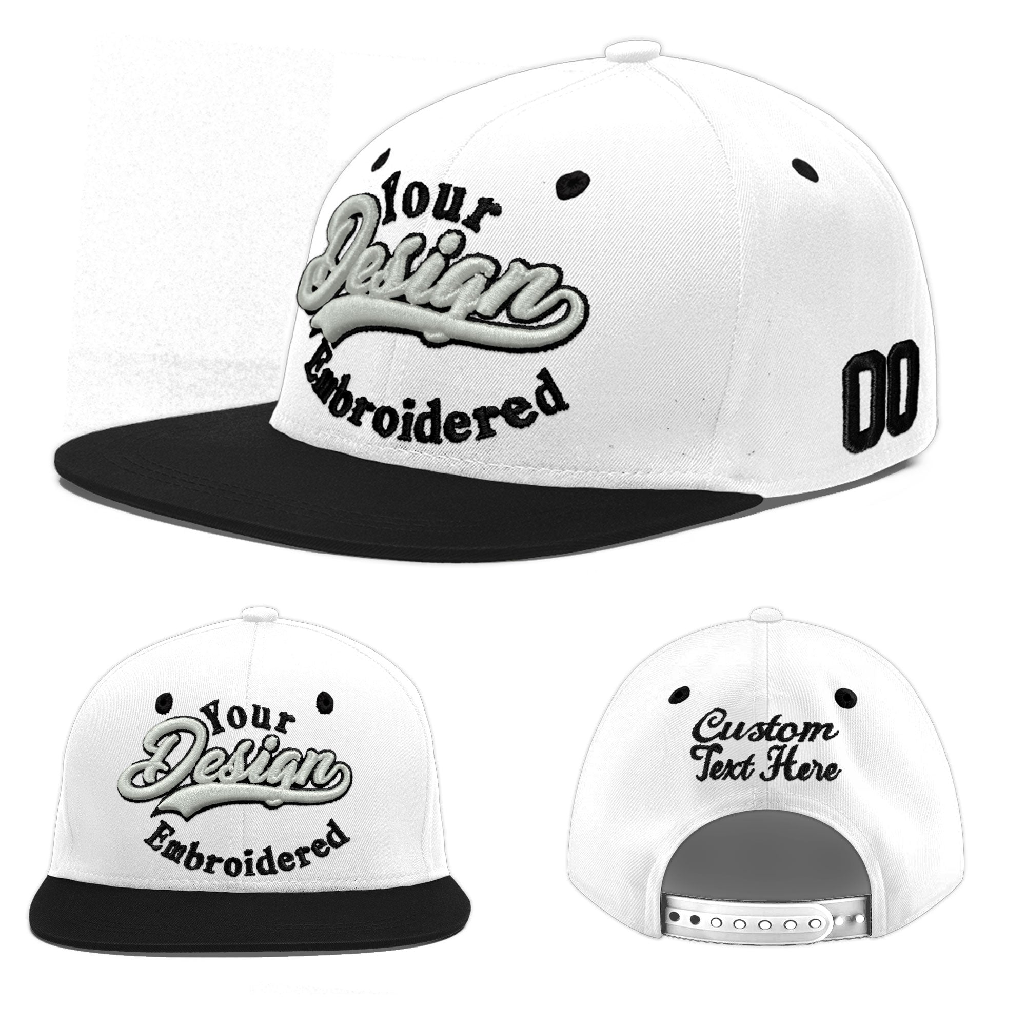 Custom White Black 3D Puff Embroidery Flat Embroidery Casual Sport Baseball Cap