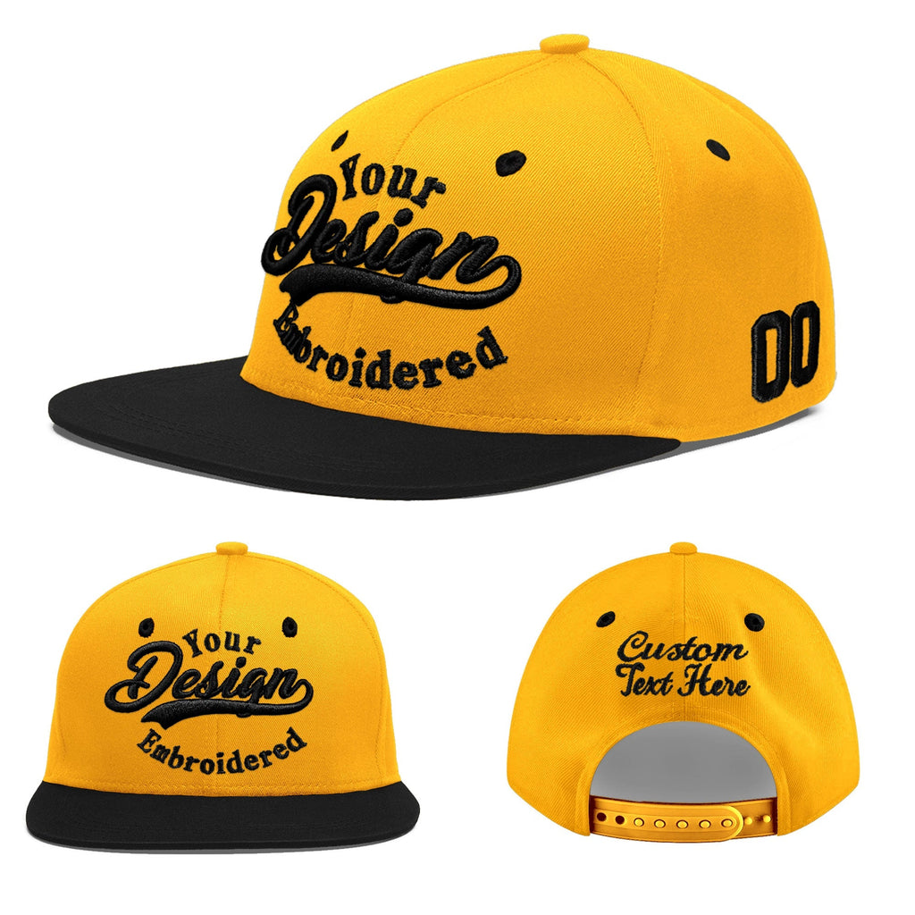 Custom Gold Black 3D Puff Embroidery Flat Embroidery Casual Sport Baseball Cap