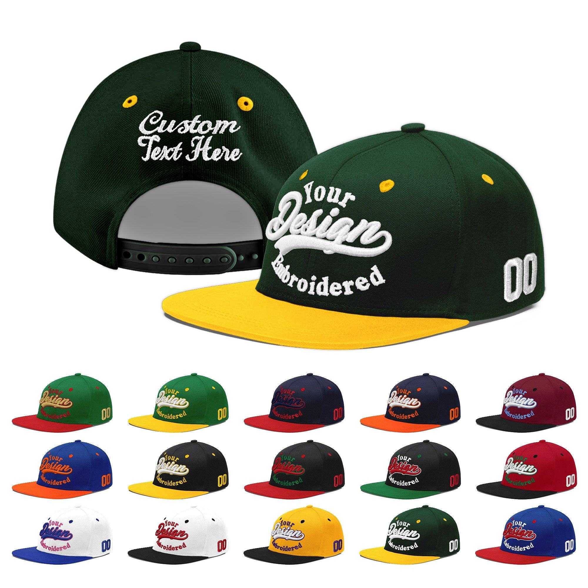 Custom Green Gold 3D Puff Embroidery Flat Embroidery Casual Sport Baseball Cap