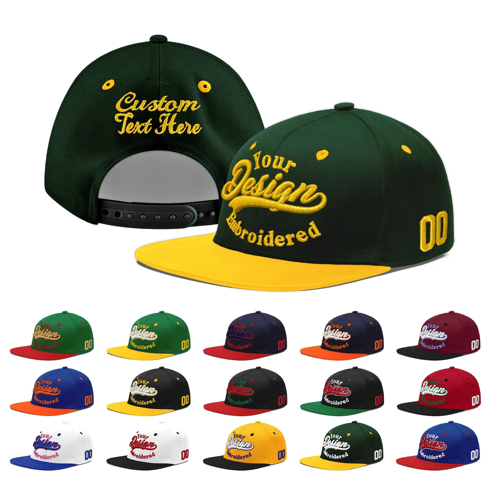 Custom Green Gold 3D Puff Embroidery Flat Embroidery Casual Sport Baseball Cap
