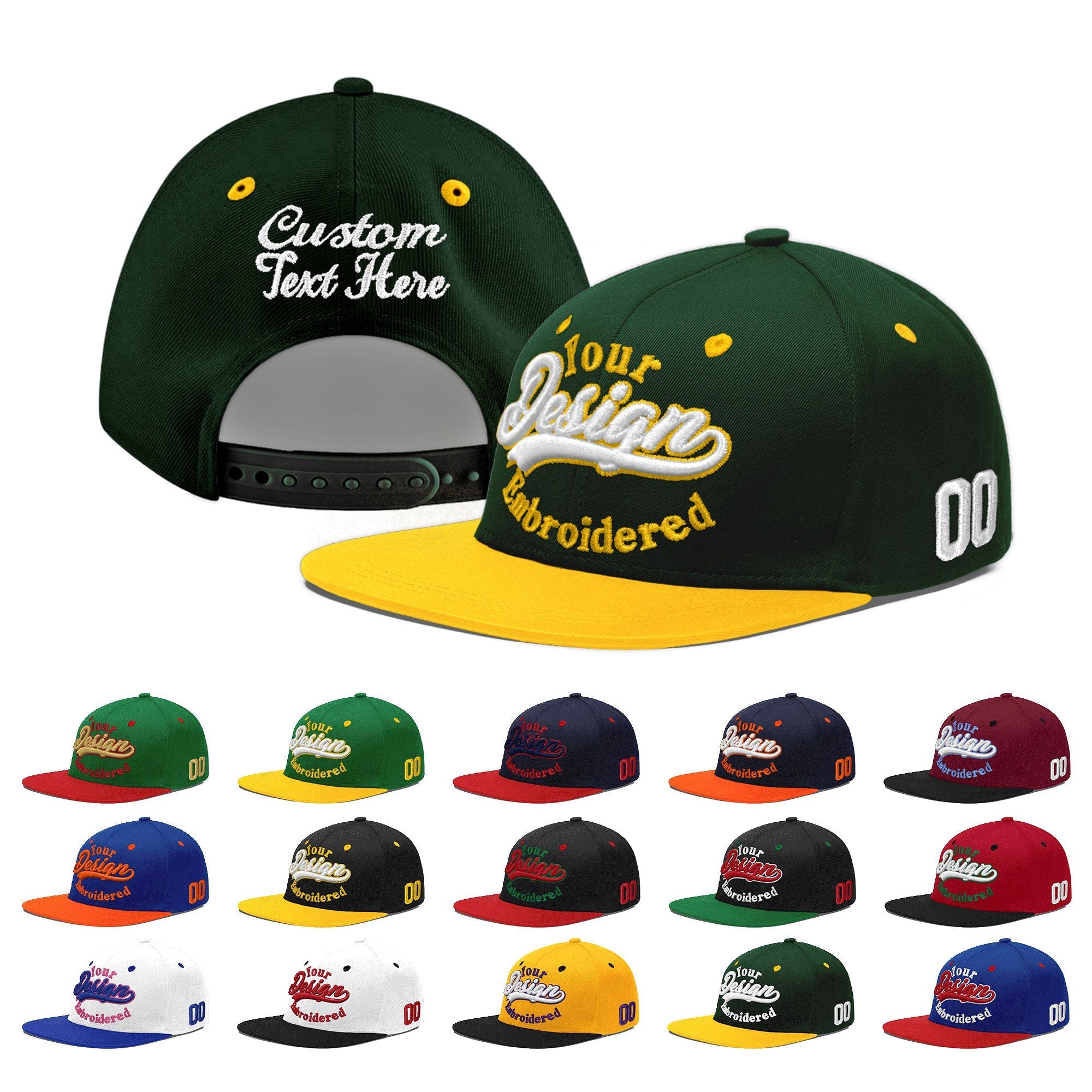Custom Green Gold 3D Puff Embroidery Flat Embroidery Casual Sport Baseball Cap