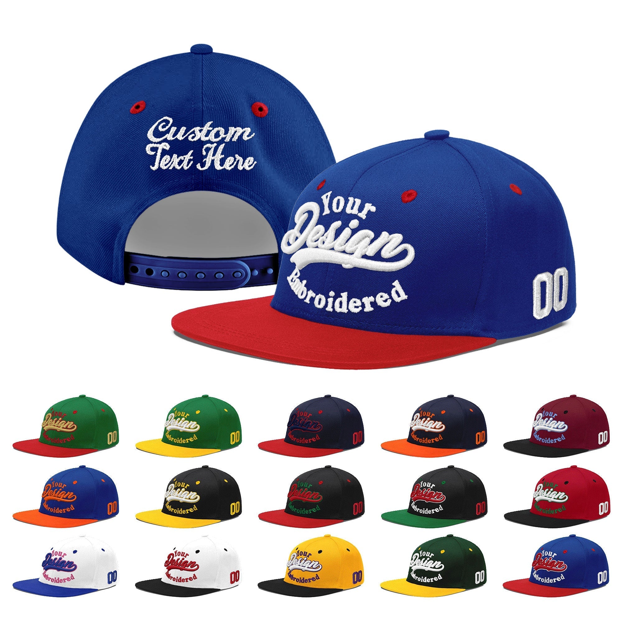 Custom Royal Blue Red 3D Puff Embroidery Flat Embroidery Casual Sport Baseball Cap