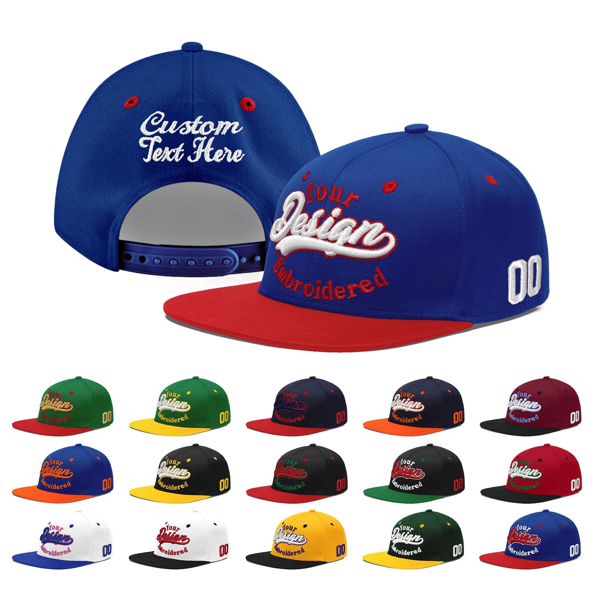 Custom Royal Blue Red 3D Puff Embroidery Flat Embroidery Casual Sport Baseball Cap